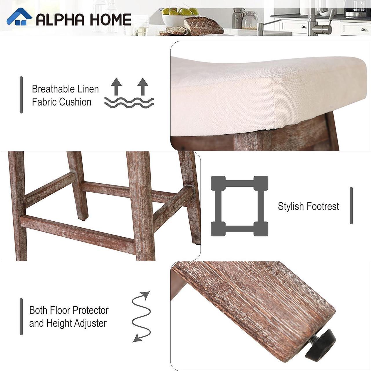 Alt view image 5 of 7 - ALPHA HOME Bar Stools Set of 4, Solid Wood Saddle Kitchen Stools with Beige Linen Fabric Cushion Counter Height Barstools with Vintage Farm Wooden Base for Kitchen Dining Cafe, 24 Inch, Beige, 4PCS
