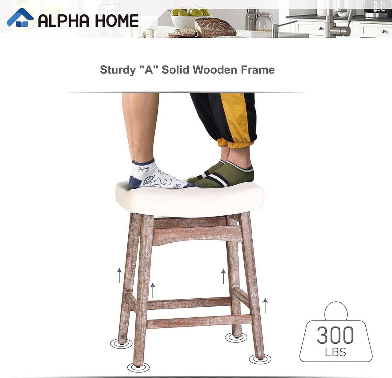 Alt view image 6 of 7 - ALPHA HOME Bar Stools Set of 4, Solid Wood Saddle Kitchen Stools with Beige Linen Fabric Cushion Counter Height Barstools with Vintage Farm Wooden Base for Kitchen Dining Cafe, 24 Inch, Beige, 4PCS