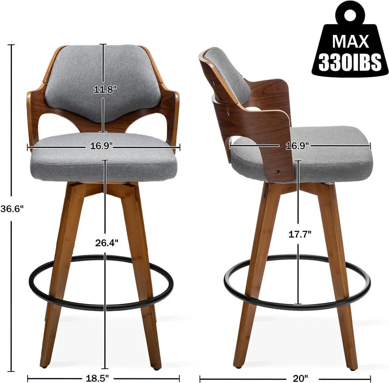 Alt view image 2 of 7 - Swivel Bar Stools Set of 2,Counter Height Bar Stools,Upholstered Bar Chair with Bamboo Legs,Low Back Counter Stools for Kitchen Island (Gray-Fabric)