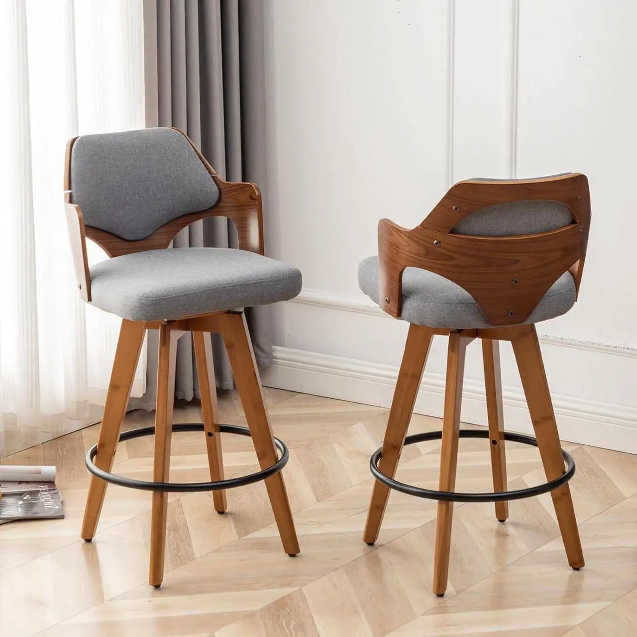 Main image of Swivel Bar Stools Set of 2,Counter Height Bar Stools,Upholstered Bar Chair with Bamboo Legs,Low Back Counter Stools for Kitchen Island (Gray-Fabric)