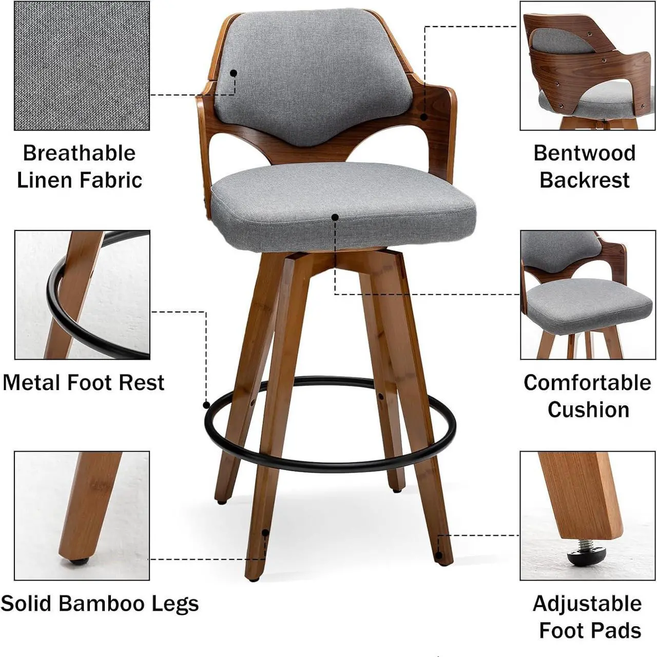 Alt view image 3 of 7 - Swivel Bar Stools Set of 2,Counter Height Bar Stools,Upholstered Bar Chair with Bamboo Legs,Low Back Counter Stools for Kitchen Island (Gray-Fabric)
