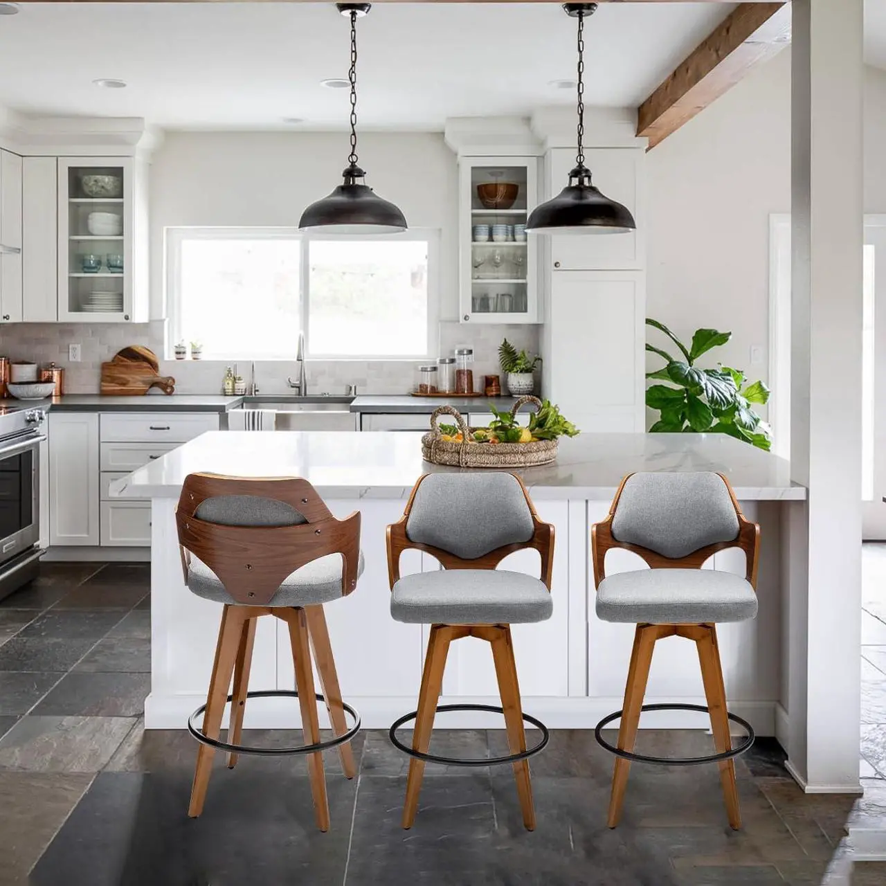 Alt view image 4 of 7 - Swivel Bar Stools Set of 2,Counter Height Bar Stools,Upholstered Bar Chair with Bamboo Legs,Low Back Counter Stools for Kitchen Island (Gray-Fabric)
