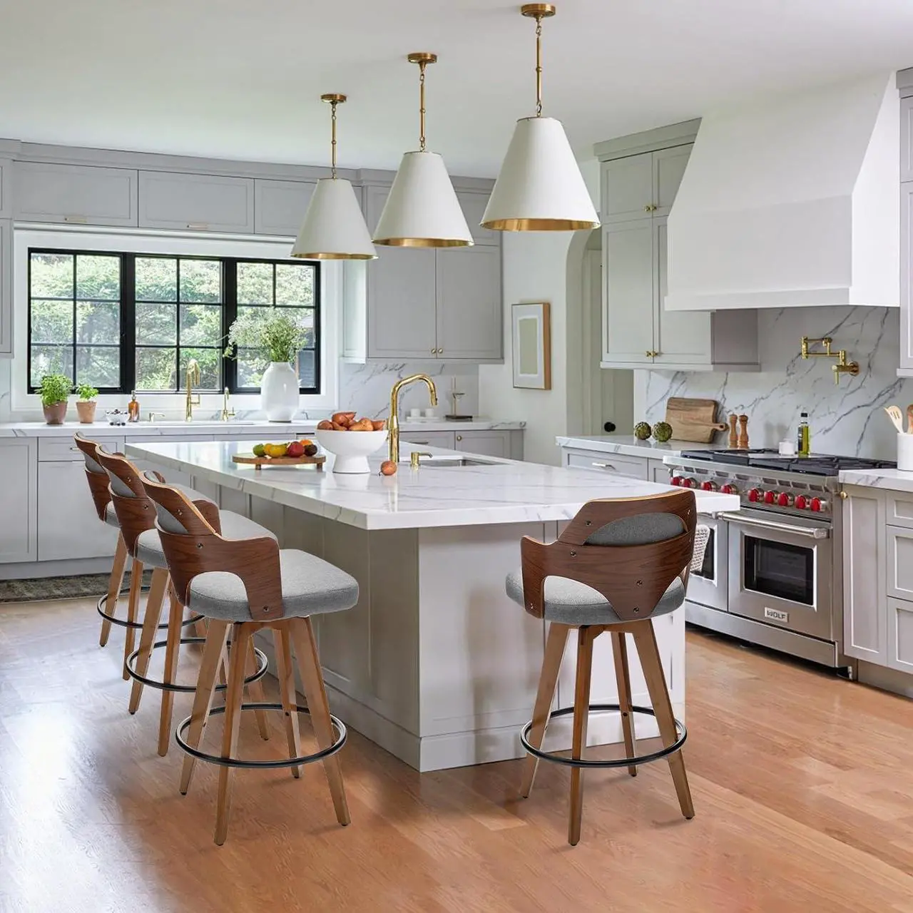 Alt view image 5 of 7 - Swivel Bar Stools Set of 2,Counter Height Bar Stools,Upholstered Bar Chair with Bamboo Legs,Low Back Counter Stools for Kitchen Island (Gray-Fabric)