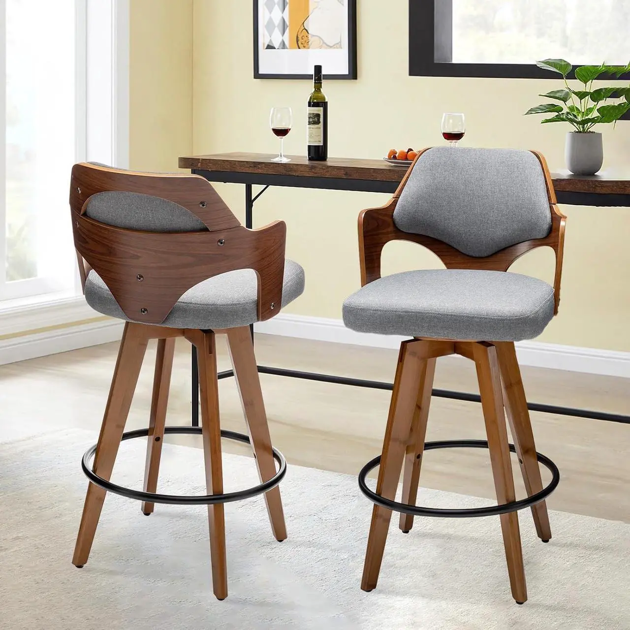 Alt view image 6 of 7 - Swivel Bar Stools Set of 2,Counter Height Bar Stools,Upholstered Bar Chair with Bamboo Legs,Low Back Counter Stools for Kitchen Island (Gray-Fabric)