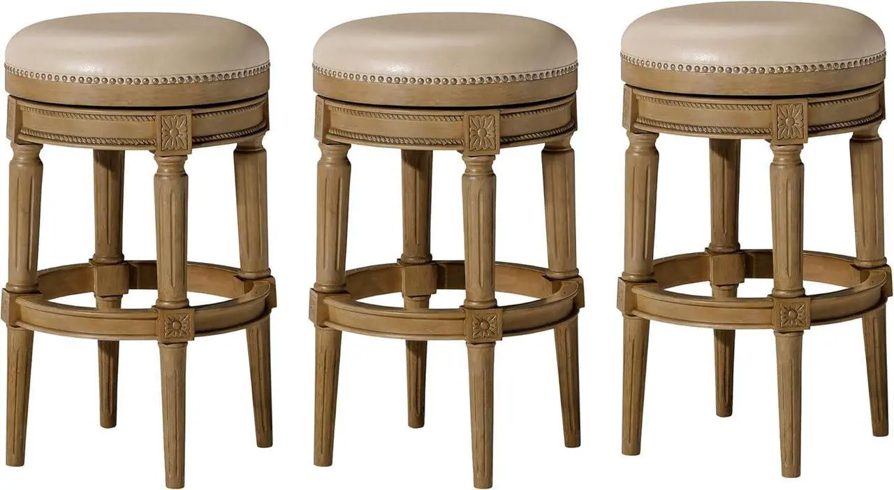 Main image of Maven Lane Pullman 31 Inch Tall Bar Height Upholstered Backless Barstool, Weathered Oak Finish with Avanti Brown Vegan Leather Cushion Seat, Set of 3