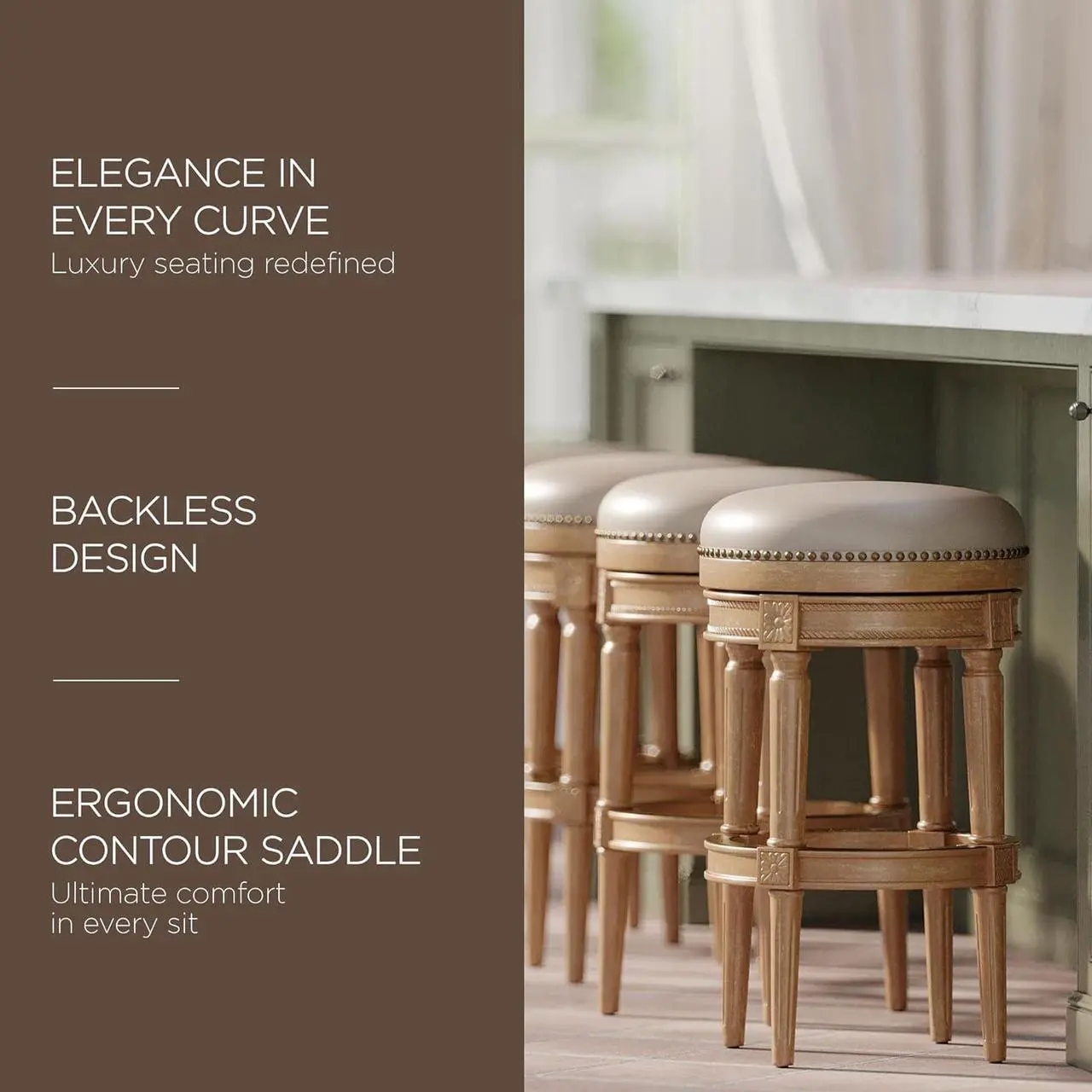 Alt view image 3 of 6 - Maven Lane Pullman 31 Inch Tall Bar Height Upholstered Backless Barstool, Weathered Oak Finish with Avanti Brown Vegan Leather Cushion Seat, Set of 3