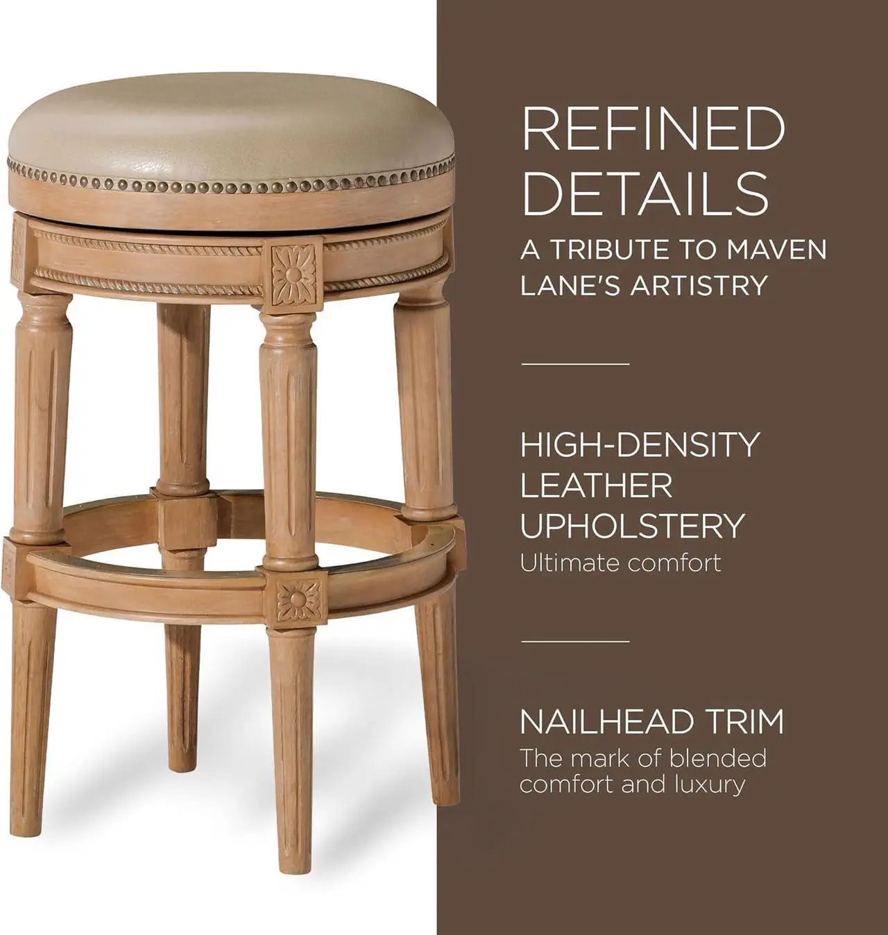 Alt view image 4 of 6 - Maven Lane Pullman 31 Inch Tall Bar Height Upholstered Backless Barstool, Weathered Oak Finish with Avanti Brown Vegan Leather Cushion Seat, Set of 3