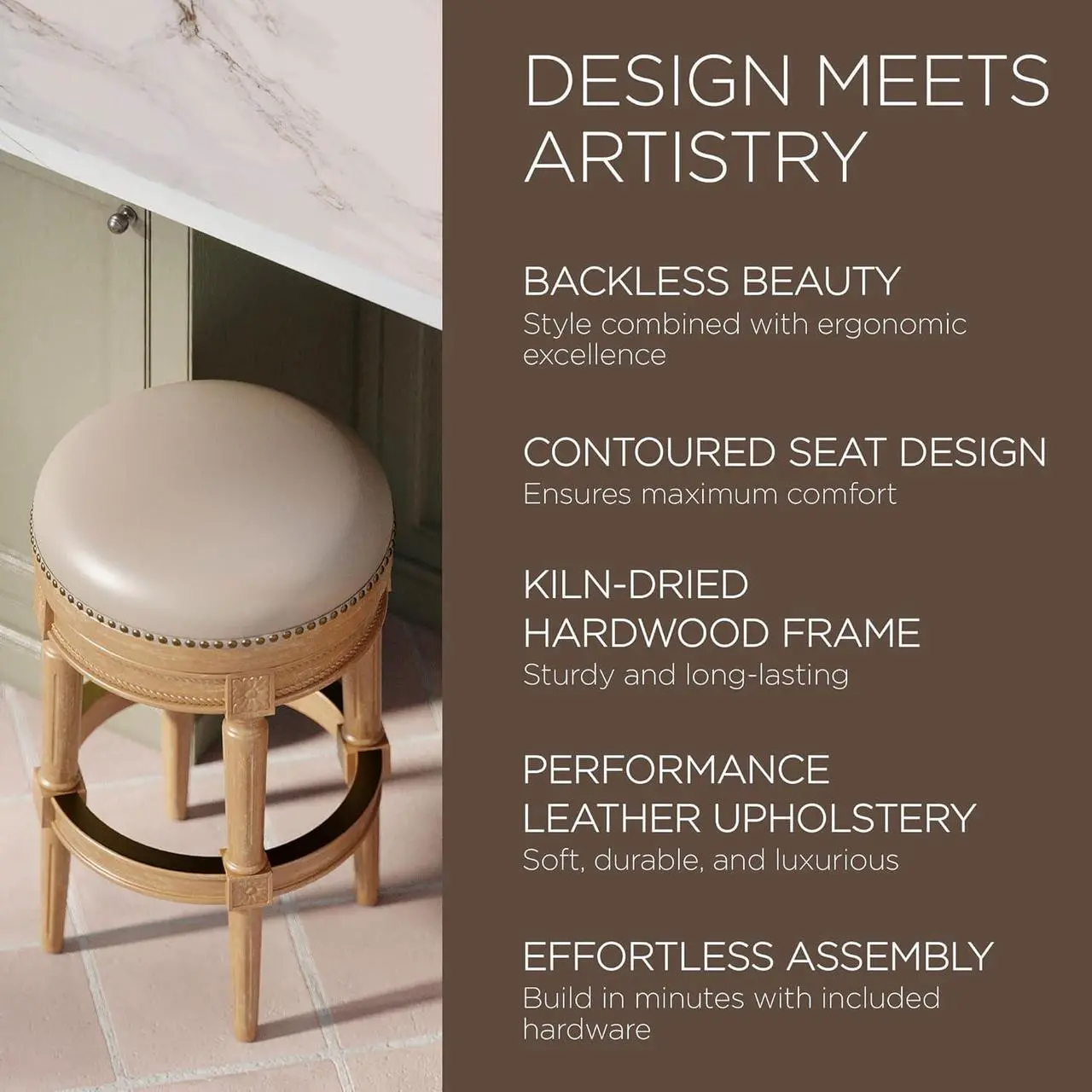 Alt view image 6 of 6 - Maven Lane Pullman 31 Inch Tall Bar Height Upholstered Backless Barstool, Weathered Oak Finish with Avanti Brown Vegan Leather Cushion Seat, Set of 3