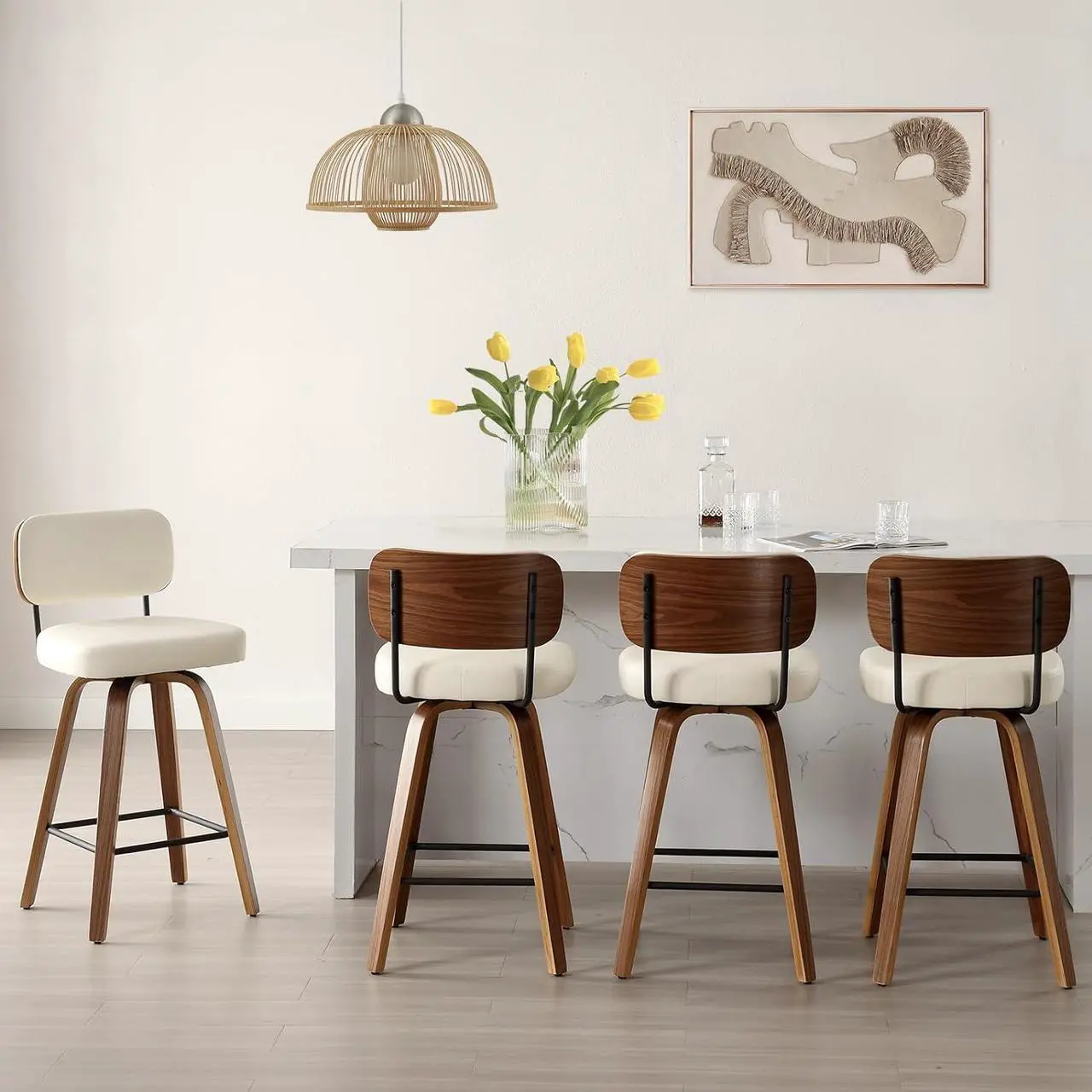 Main image of Swivel Counter Height Bar Stools Set of 4, 26" Upholstered Faux Leather Barstools with Back and Bent Wood Legs, Mid Century Modern Bar Chair Island Stool for Kitchen Counter, Cream White