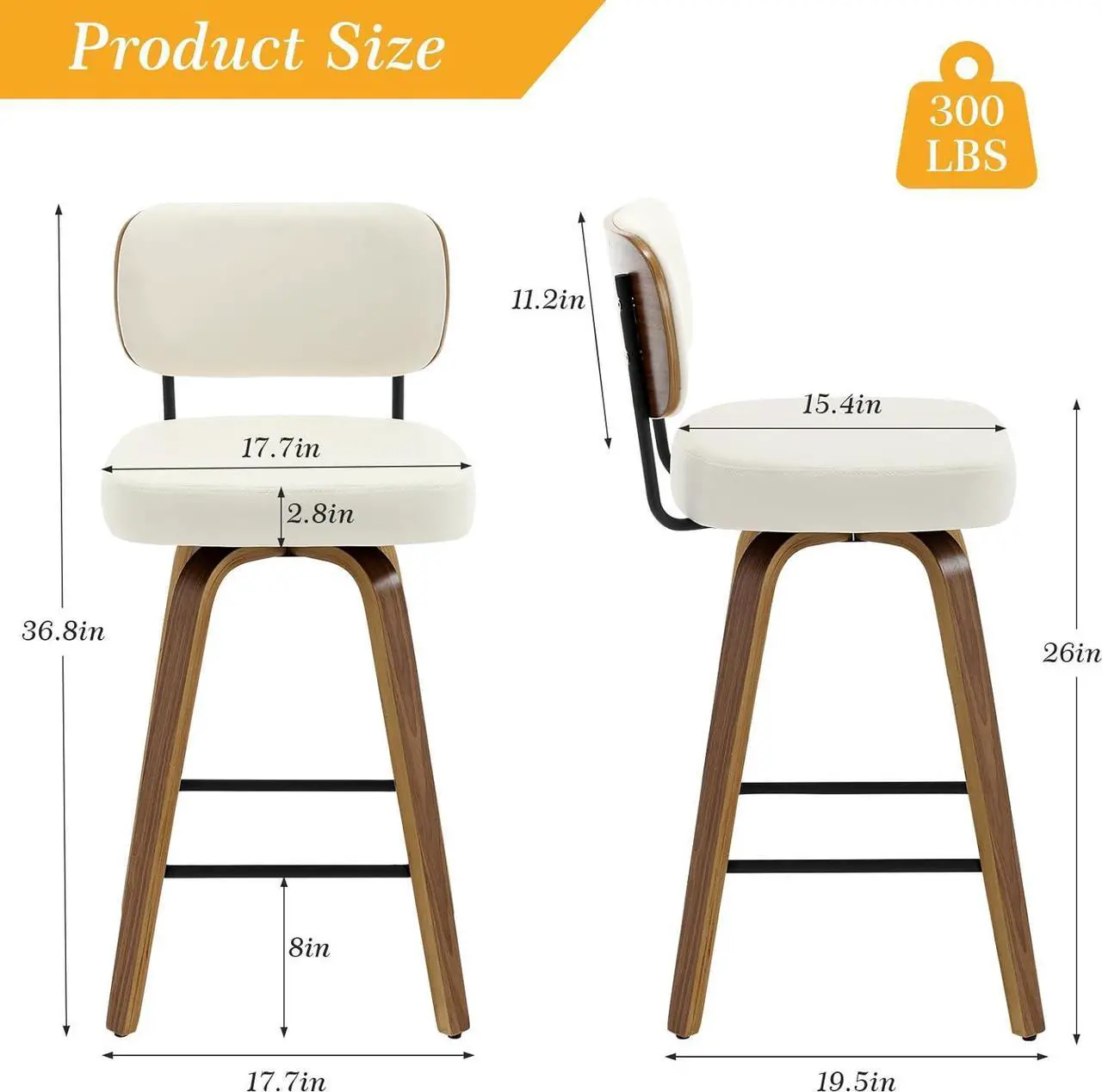 Alt view image 2 of 7 - Swivel Counter Height Bar Stools Set of 4, 26" Upholstered Faux Leather Barstools with Back and Bent Wood Legs, Mid Century Modern Bar Chair Island Stool for Kitchen Counter, Cream White