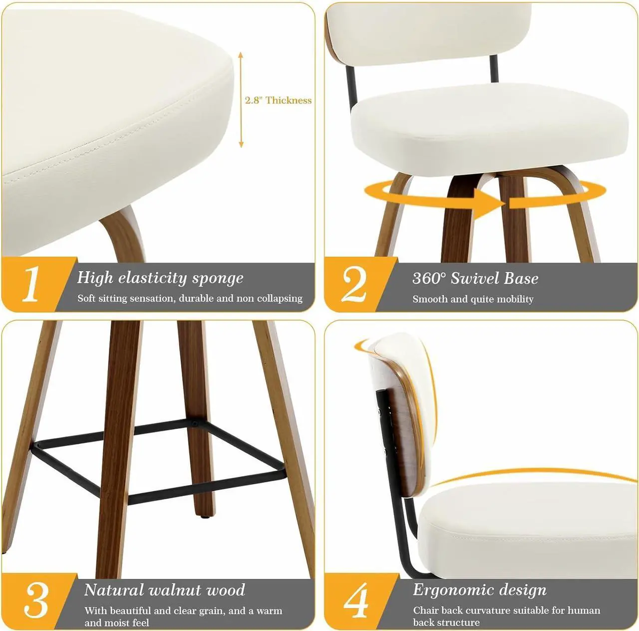 Alt view image 3 of 7 - Swivel Counter Height Bar Stools Set of 4, 26" Upholstered Faux Leather Barstools with Back and Bent Wood Legs, Mid Century Modern Bar Chair Island Stool for Kitchen Counter, Cream White