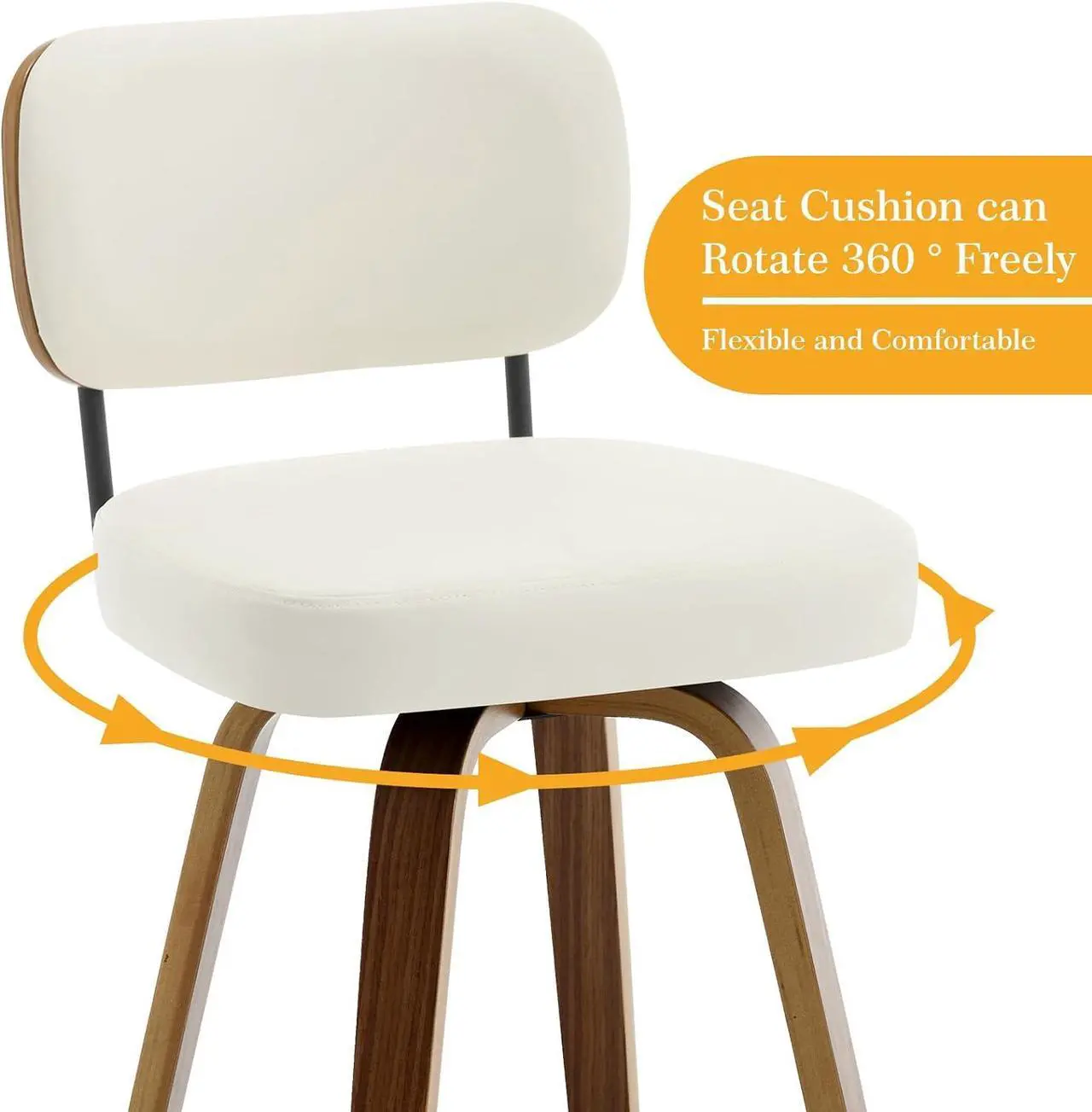 Alt view image 4 of 7 - Swivel Counter Height Bar Stools Set of 4, 26" Upholstered Faux Leather Barstools with Back and Bent Wood Legs, Mid Century Modern Bar Chair Island Stool for Kitchen Counter, Cream White