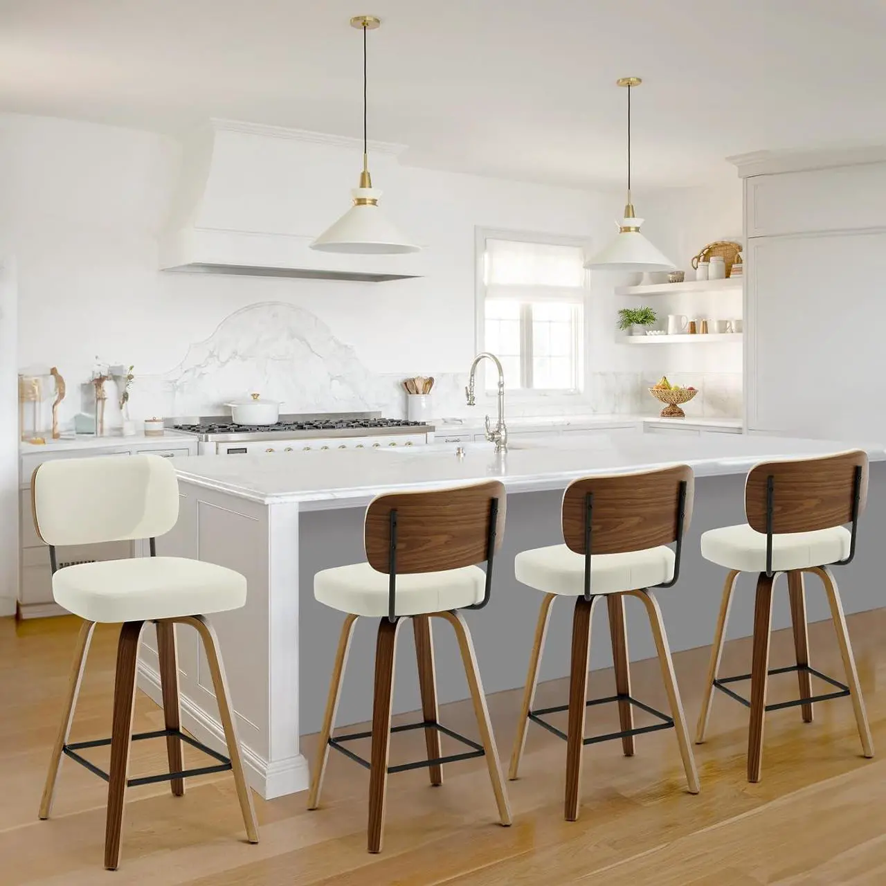 Alt view image 5 of 7 - Swivel Counter Height Bar Stools Set of 4, 26" Upholstered Faux Leather Barstools with Back and Bent Wood Legs, Mid Century Modern Bar Chair Island Stool for Kitchen Counter, Cream White