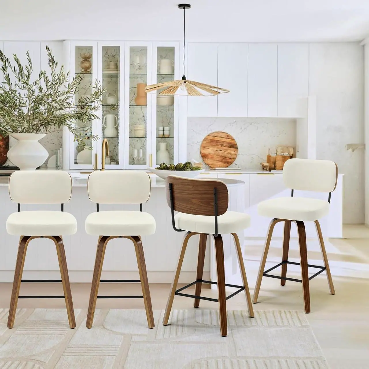 Alt view image 6 of 7 - Swivel Counter Height Bar Stools Set of 4, 26" Upholstered Faux Leather Barstools with Back and Bent Wood Legs, Mid Century Modern Bar Chair Island Stool for Kitchen Counter, Cream White