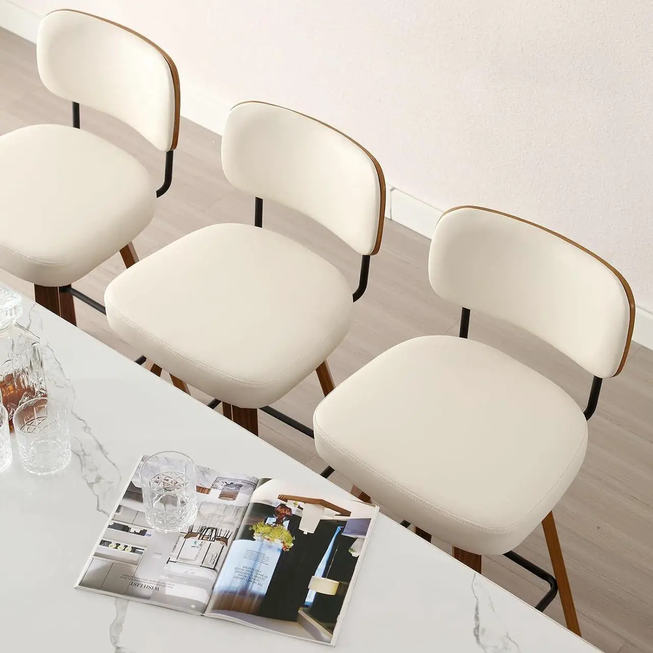 Alt view image 7 of 7 - Swivel Counter Height Bar Stools Set of 4, 26" Upholstered Faux Leather Barstools with Back and Bent Wood Legs, Mid Century Modern Bar Chair Island Stool for Kitchen Counter, Cream White