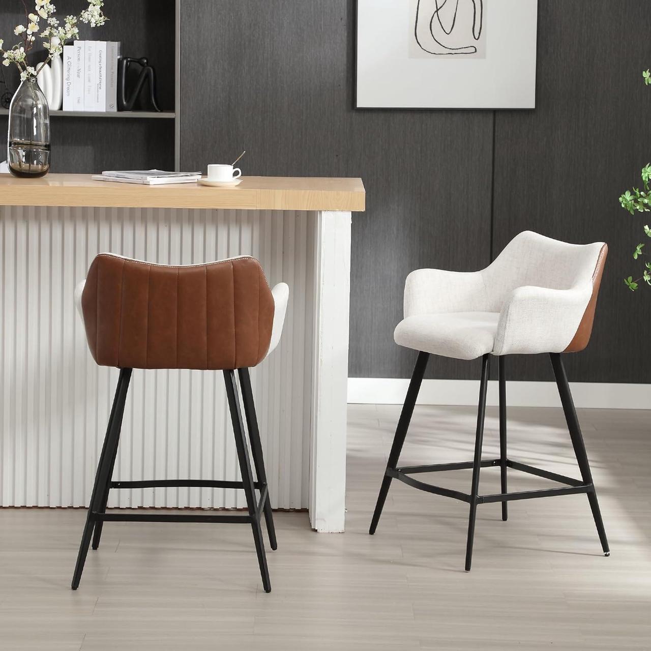 Main image of Color Block Bar Stools for Kitchen Island Barstools with Footrest Set of 2 Counter Height Bar Stool with Back and Metal Legs for Kitchen Dining Pubs Club Bistro Cafe, Linen Beige-PU Brown