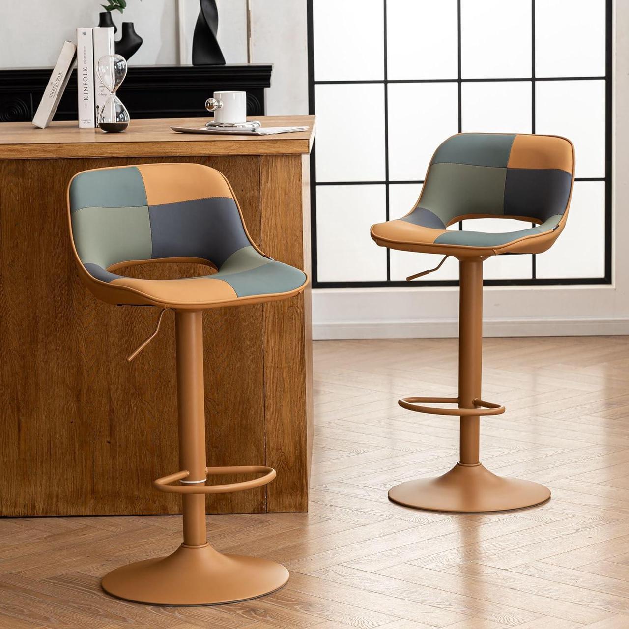 Main image of YOUNIKE Bar Stools Set of 2, Boho Colorful Patchwork Barstools, Adjustable Swivel Counter Height Bar Stool Faux Leather Upholstered Barstool with Back, Compact Bar Chair for Kitchen Island, TanGreen