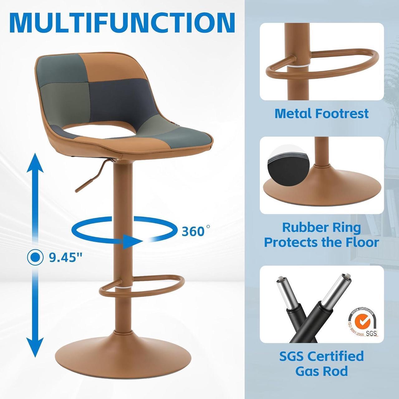 Alt view image 3 of 7 - YOUNIKE Bar Stools Set of 2, Boho Colorful Patchwork Barstools, Adjustable Swivel Counter Height Bar Stool Faux Leather Upholstered Barstool with Back, Compact Bar Chair for Kitchen Island, TanGreen