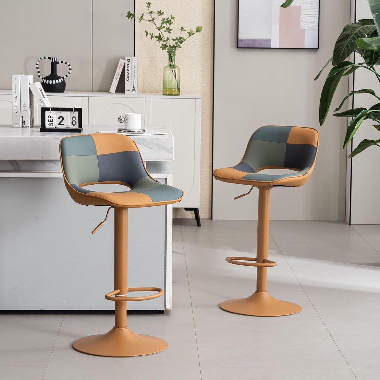 Alt view image 7 of 7 - YOUNIKE Bar Stools Set of 2, Boho Colorful Patchwork Barstools, Adjustable Swivel Counter Height Bar Stool Faux Leather Upholstered Barstool with Back, Compact Bar Chair for Kitchen Island, TanGreen