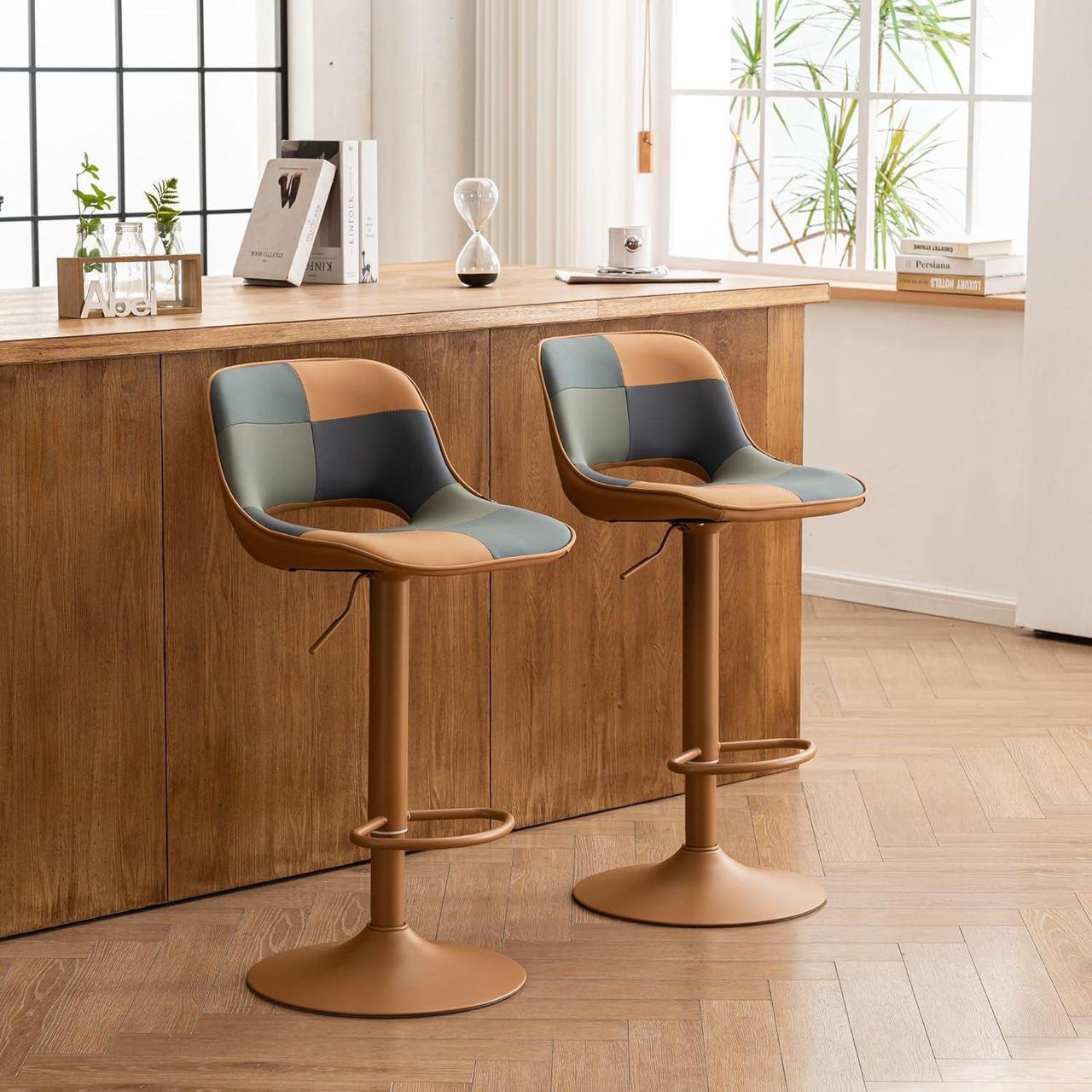 Alt view image 6 of 7 - YOUNIKE Bar Stools Set of 2, Boho Colorful Patchwork Barstools, Adjustable Swivel Counter Height Bar Stool Faux Leather Upholstered Barstool with Back, Compact Bar Chair for Kitchen Island, TanGreen