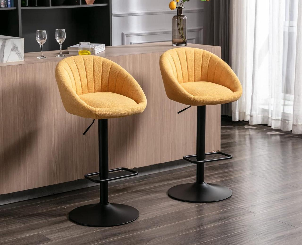Alt view image 2 of 7 - Swivel Bar Stools Bar Height Set of 4 with Back Adjustable Counter Height Barstools, Modern Upholstered Stools for Kitchen Island Chairs with Black Legs for Home Bar/Pub, Yellow Terrycloth