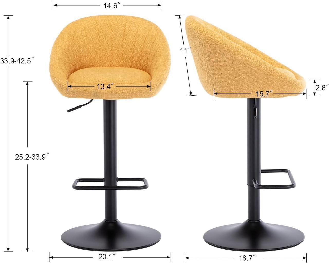 Alt view image 3 of 7 - Swivel Bar Stools Bar Height Set of 4 with Back Adjustable Counter Height Barstools, Modern Upholstered Stools for Kitchen Island Chairs with Black Legs for Home Bar/Pub, Yellow Terrycloth