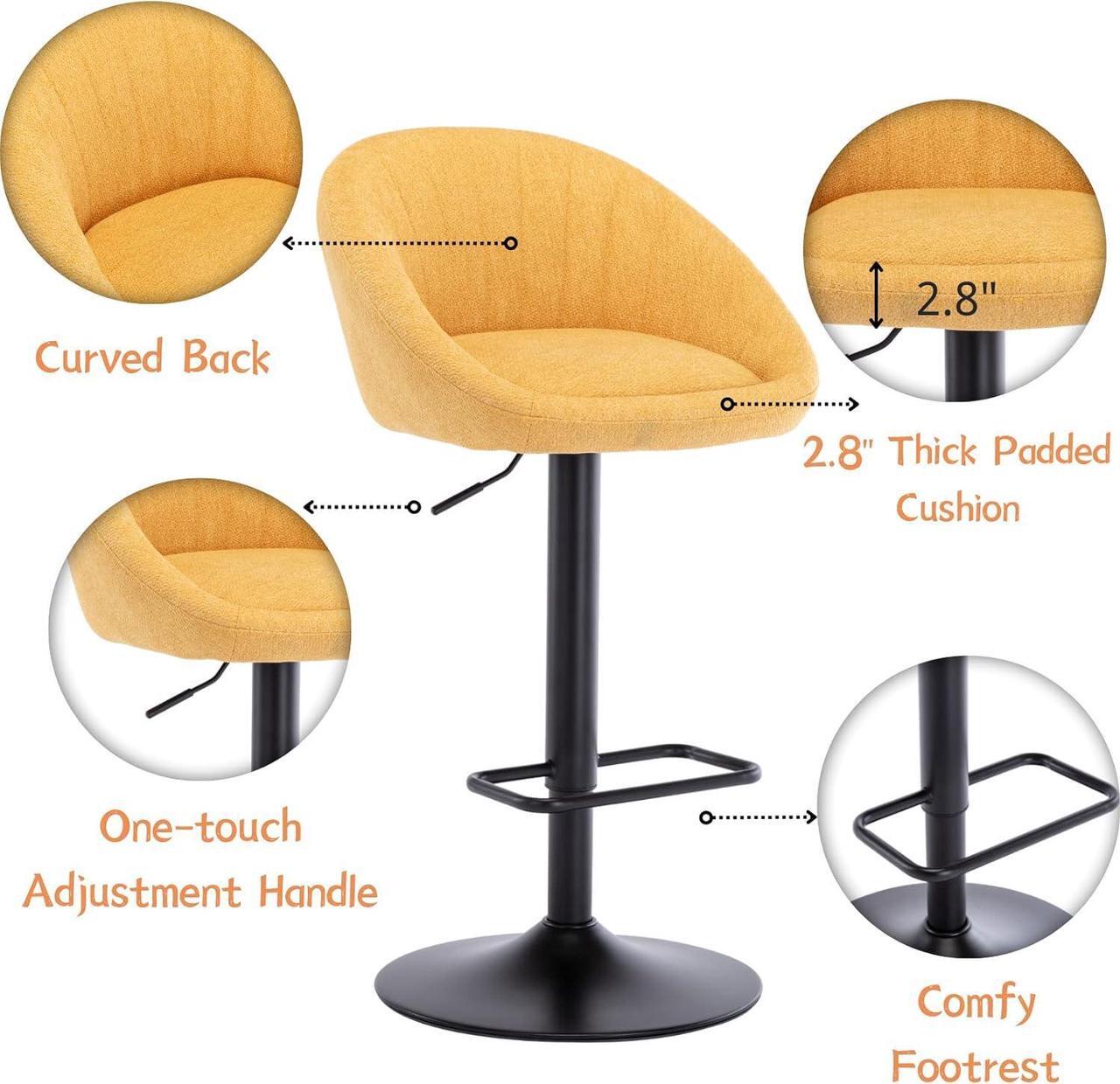 Alt view image 4 of 7 - Swivel Bar Stools Bar Height Set of 4 with Back Adjustable Counter Height Barstools, Modern Upholstered Stools for Kitchen Island Chairs with Black Legs for Home Bar/Pub, Yellow Terrycloth
