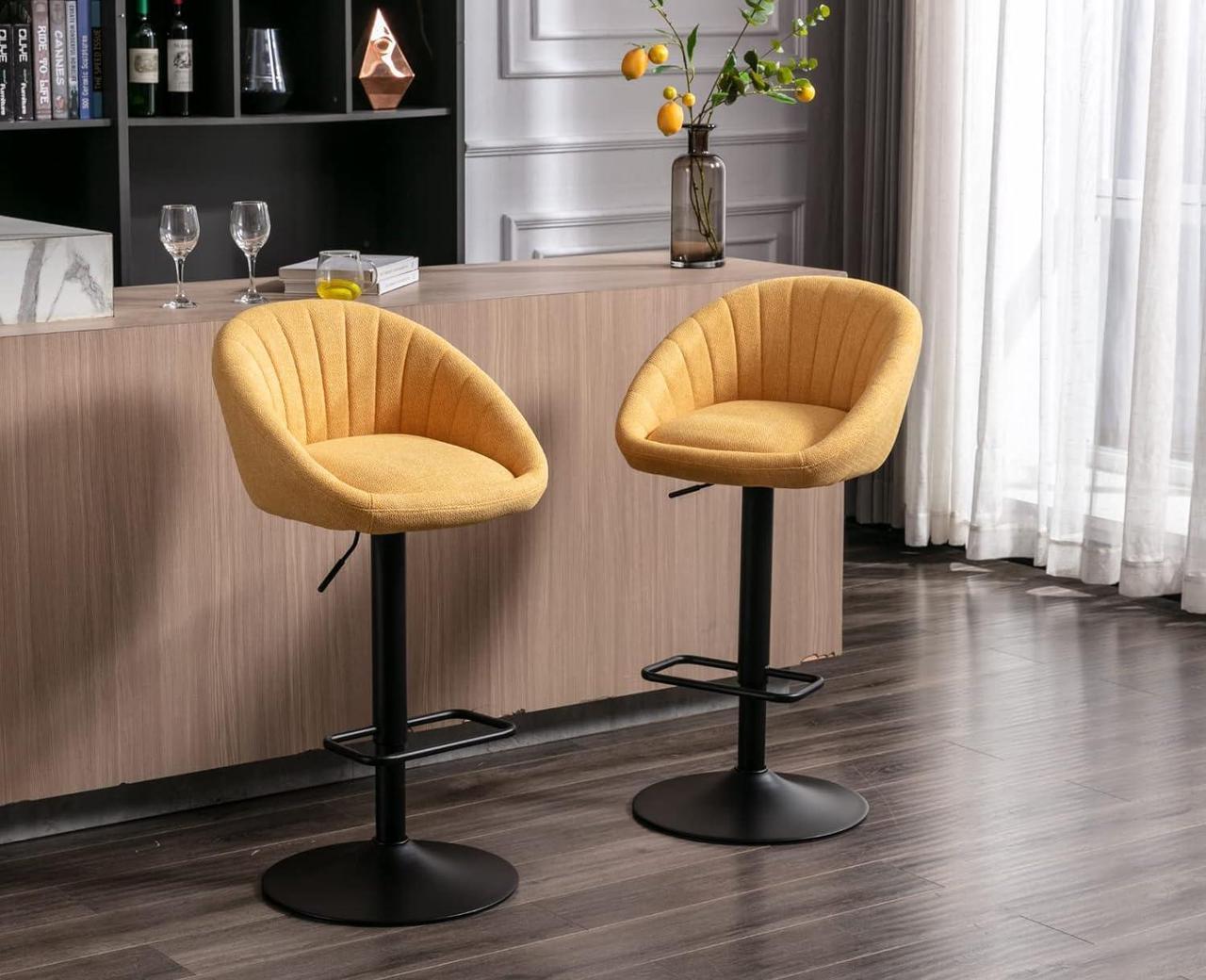 Alt view image 7 of 7 - Swivel Bar Stools Bar Height Set of 4 with Back Adjustable Counter Height Barstools, Modern Upholstered Stools for Kitchen Island Chairs with Black Legs for Home Bar/Pub, Yellow Terrycloth