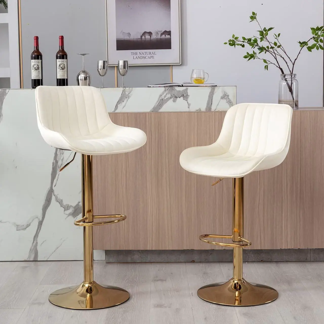 Alt view image 2 of 7 - Homtique Gold Bar Stools Set of 2 Swivel Adjustable Counter Height Barstools Modern Velvet Bar Stool with Low-Back and Footrest for Kitchen Island Pub Dining Room (Beige)