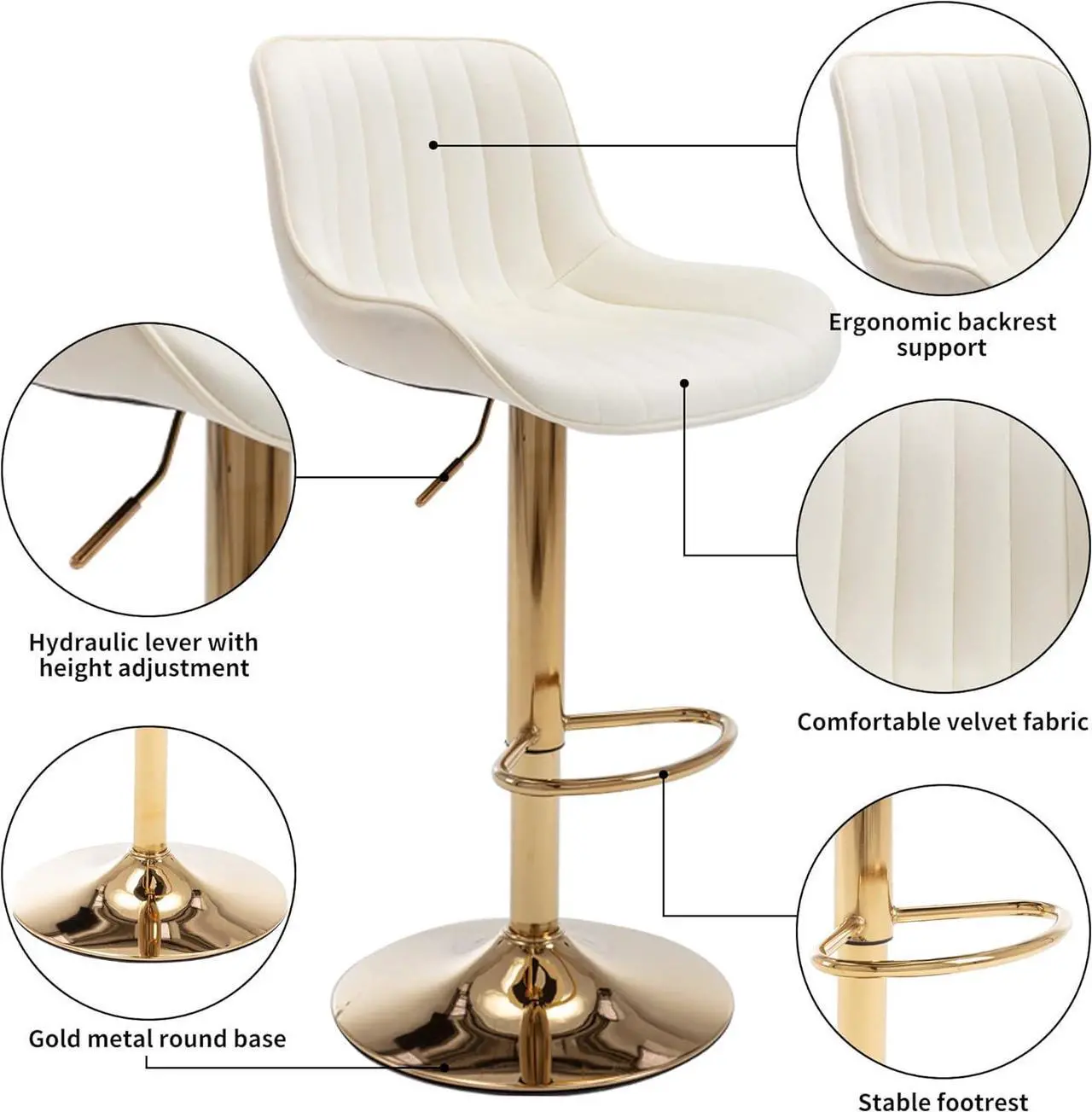 Alt view image 4 of 7 - Homtique Gold Bar Stools Set of 2 Swivel Adjustable Counter Height Barstools Modern Velvet Bar Stool with Low-Back and Footrest for Kitchen Island Pub Dining Room (Beige)
