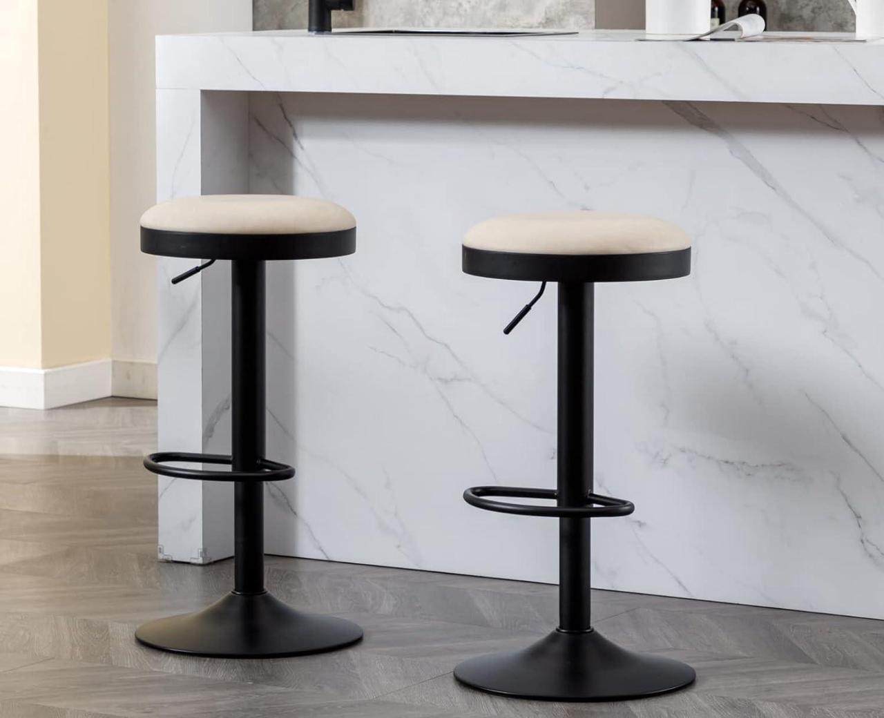 Alt view image 6 of 7 - CIMOTA Swivel Round Bar Stools Set of 3 Backless Adjustable Counter Height Barstools Modern Industrial PU Leather Bar Stool Chair for Kitchen/Home Bar/Pub/Bistro/Office, Retro Beige