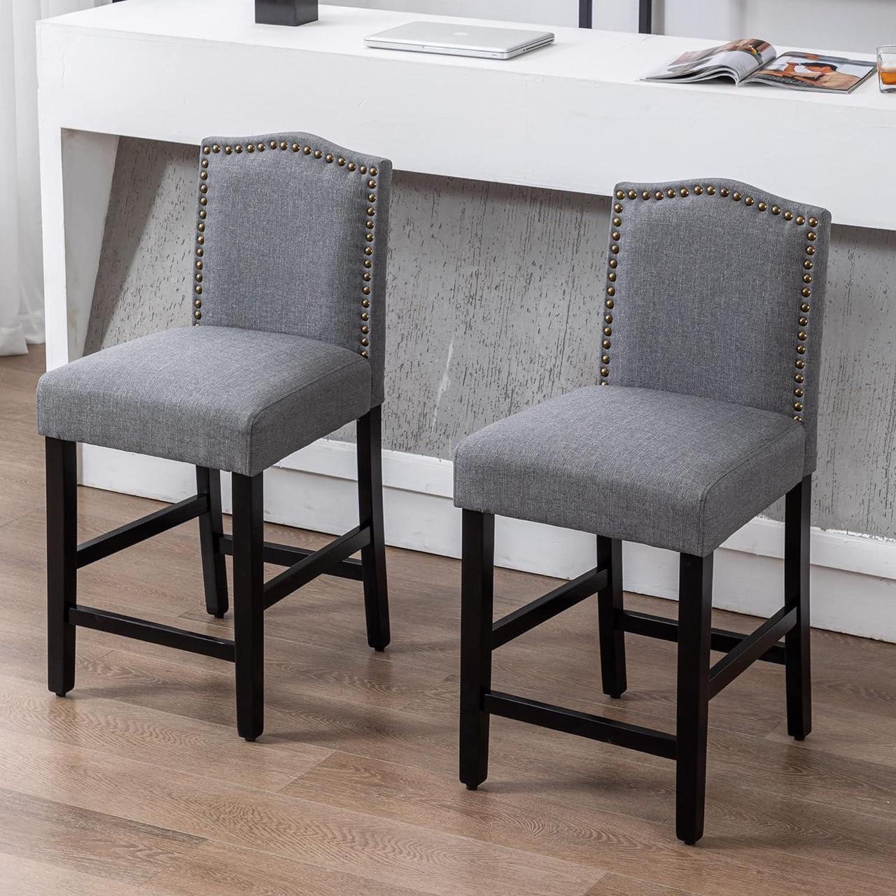 Alt view image 2 of 7 - GOTMINSI Bar Stools 24 Inches Upholstered Barstool Grey Counter Height Barstool with Antique Gold Nail Heads Solid Wood Set of 2 Bar Chairs