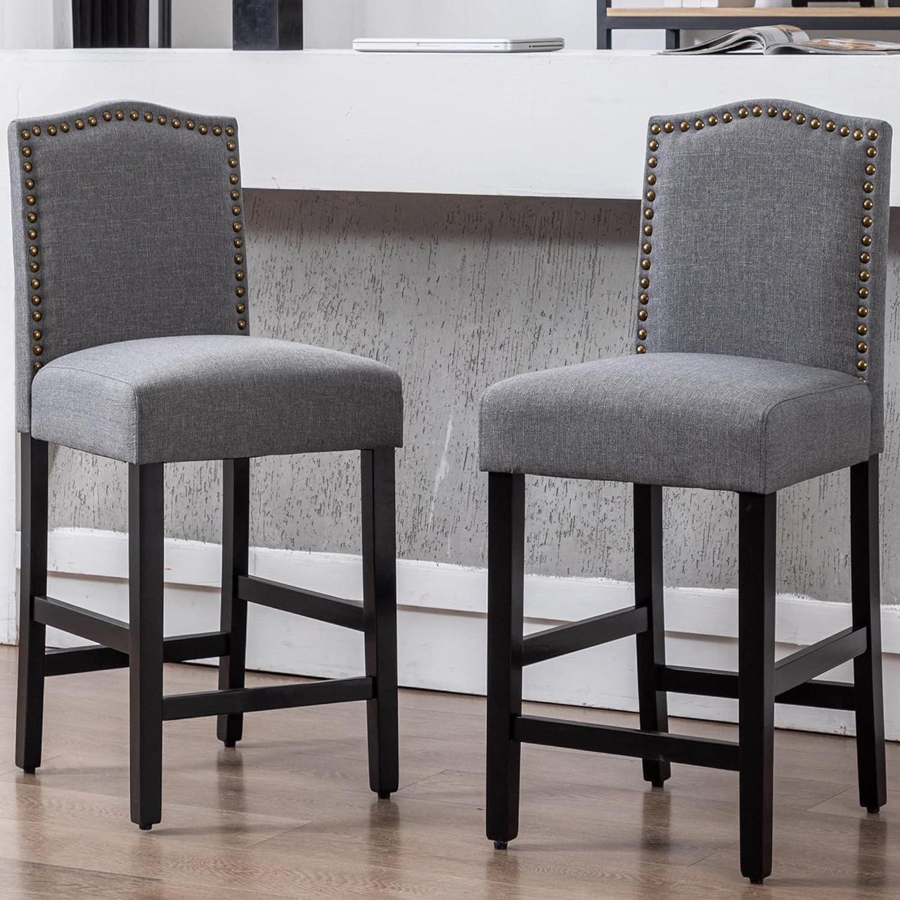 Alt view image 5 of 7 - GOTMINSI Bar Stools 24 Inches Upholstered Barstool Grey Counter Height Barstool with Antique Gold Nail Heads Solid Wood Set of 2 Bar Chairs