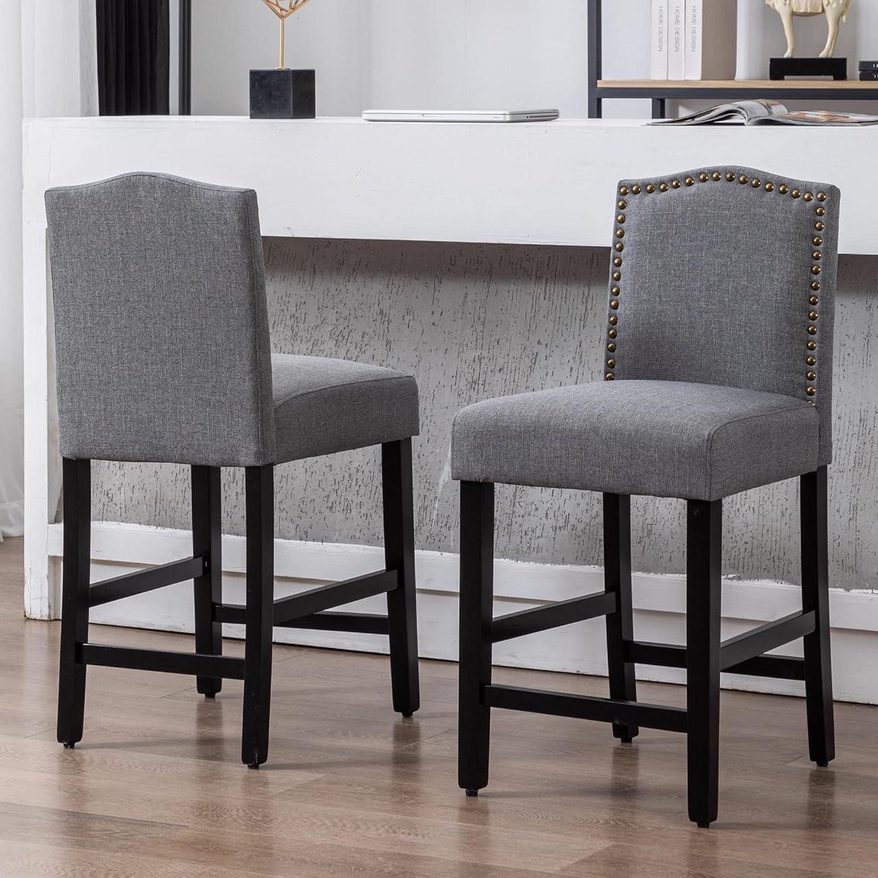 Alt view image 6 of 7 - GOTMINSI Bar Stools 24 Inches Upholstered Barstool Grey Counter Height Barstool with Antique Gold Nail Heads Solid Wood Set of 2 Bar Chairs