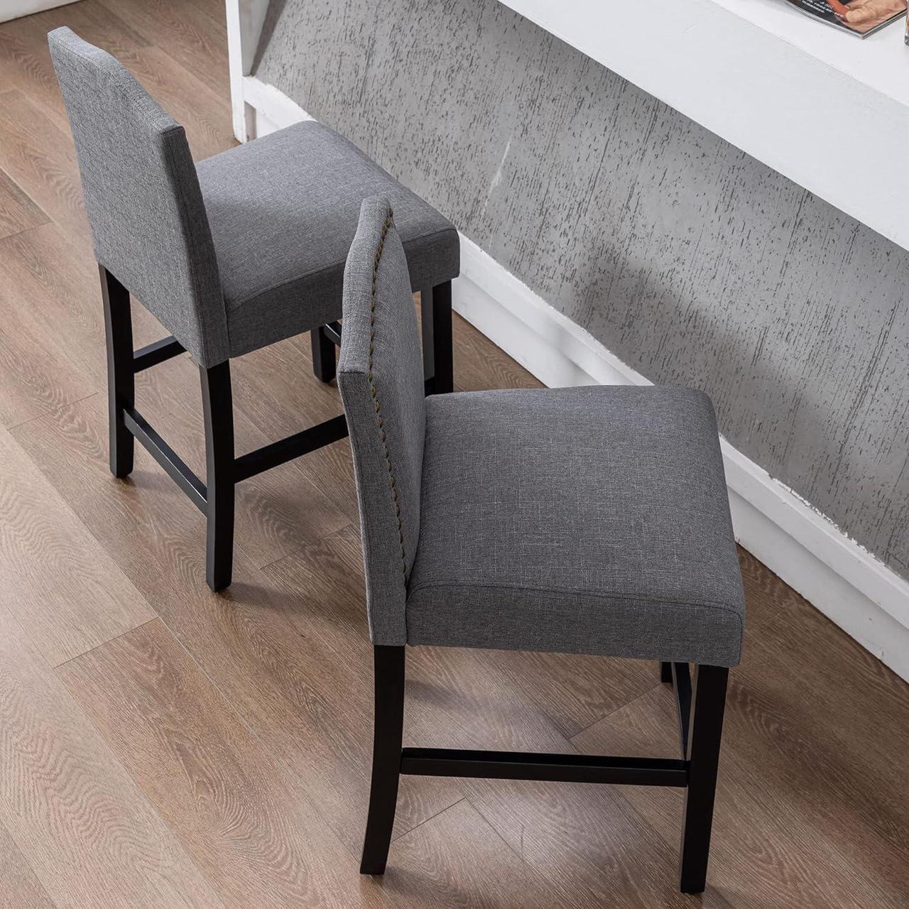 Alt view image 7 of 7 - GOTMINSI Bar Stools 24 Inches Upholstered Barstool Grey Counter Height Barstool with Antique Gold Nail Heads Solid Wood Set of 2 Bar Chairs