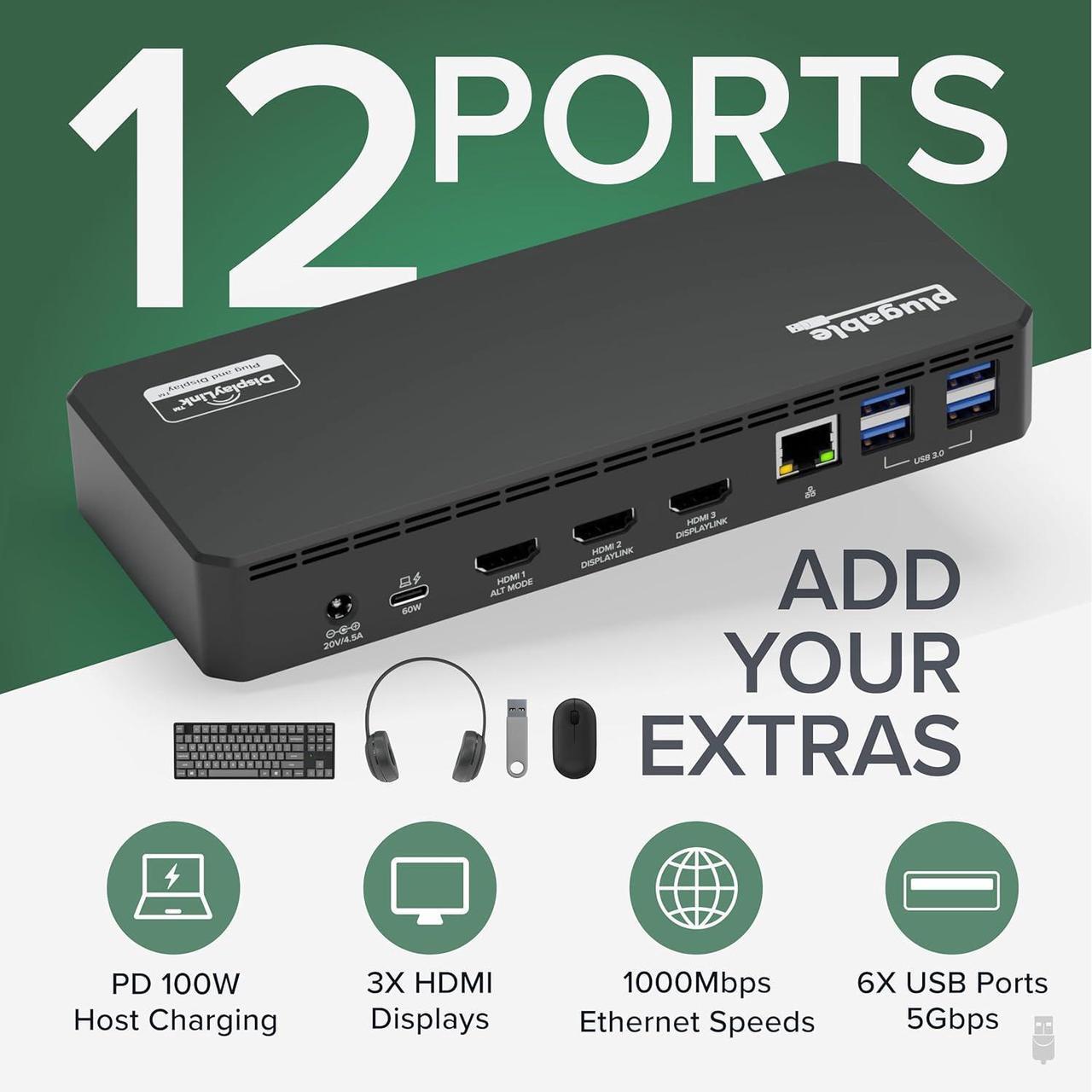 Alt view image 2 of 7 - Plugable USB C Triple Display Docking Station with Laptop Charging, for Thunderbolt, USB4, or USB-C Systems, Compatible with Windows, macOS, ChromeOS laptops (3X HDMI, 6X USB 5Gbps Ports, 100W PD)