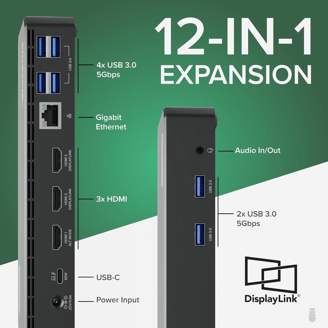 Alt view image 4 of 7 - Plugable USB C Triple Display Docking Station with Laptop Charging, for Thunderbolt, USB4, or USB-C Systems, Compatible with Windows, macOS, ChromeOS laptops (3X HDMI, 6X USB 5Gbps Ports, 100W PD)
