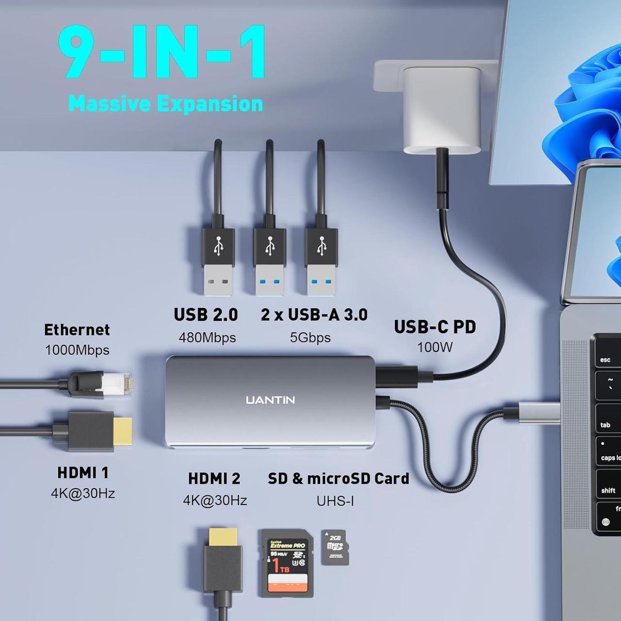Alt view image 2 of 7 - Laptop Docking Station Dual Monitor | 9 in 1 USB C Hub Multiport Adapter with Dual HDMI Ports,1000Mbps LAN, 100W PD, 3 USB, SD Card Reader, USBC Dock for Dell/XPS/Lenovo/Surface/Yoga etc