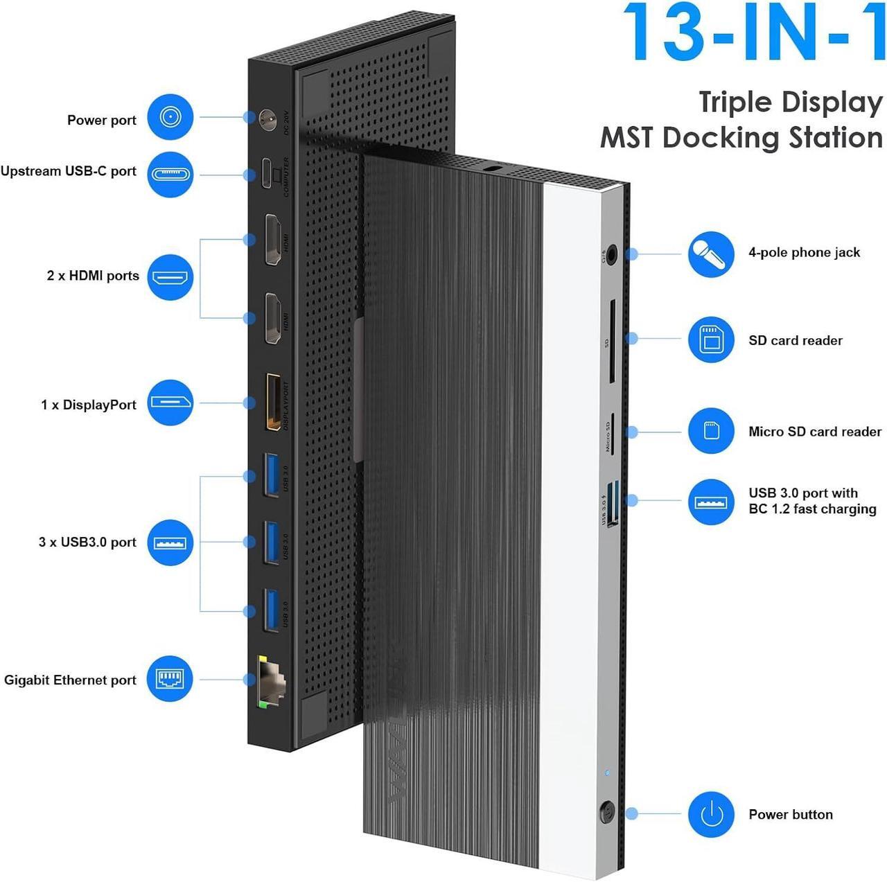 Alt view image 2 of 7 - WAVLINK USB C Docking Station with 130W Charger, Triple Display USB Type C Dock, USB-C Hub Adapter 100W PD Charging for Laptop, Dual HDMI, DisplayPort, Ethernet, 4 USB3.0, SD/TF Card Slot, Audio