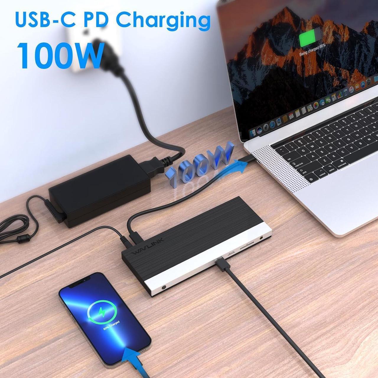 Alt view image 5 of 7 - WAVLINK USB C Docking Station with 130W Charger, Triple Display USB Type C Dock, USB-C Hub Adapter 100W PD Charging for Laptop, Dual HDMI, DisplayPort, Ethernet, 4 USB3.0, SD/TF Card Slot, Audio