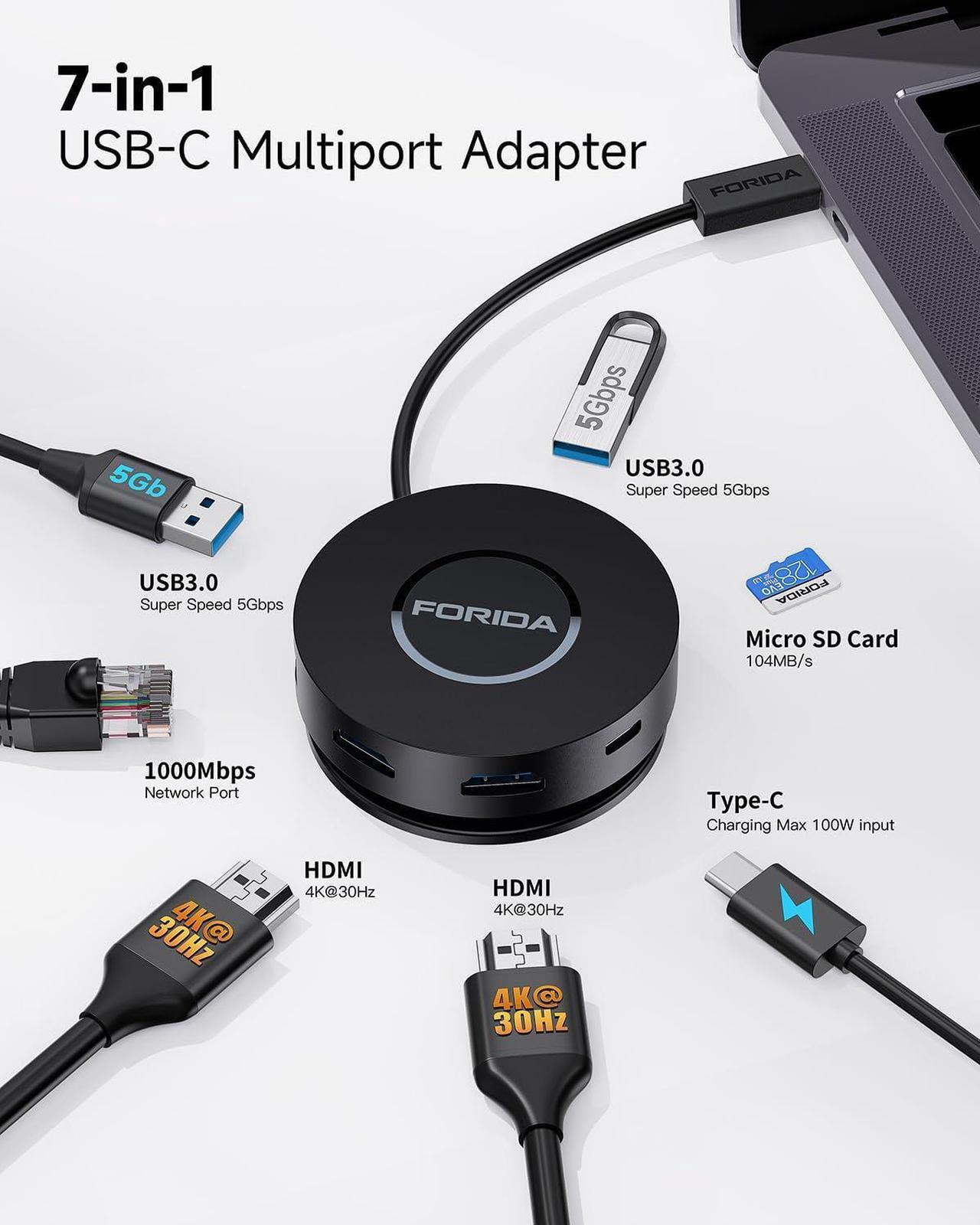 Alt view image 2 of 7 - Mini USB C Docking Station Dual HDMI Monitor, FORIDA Type C Hub, Dual 4K HDMI USB C to USB Adapter, 1 Gbps Ethernet, 100W Power Delivery, Micro SD Card Reader for MacBook Pro, Dell,XPS