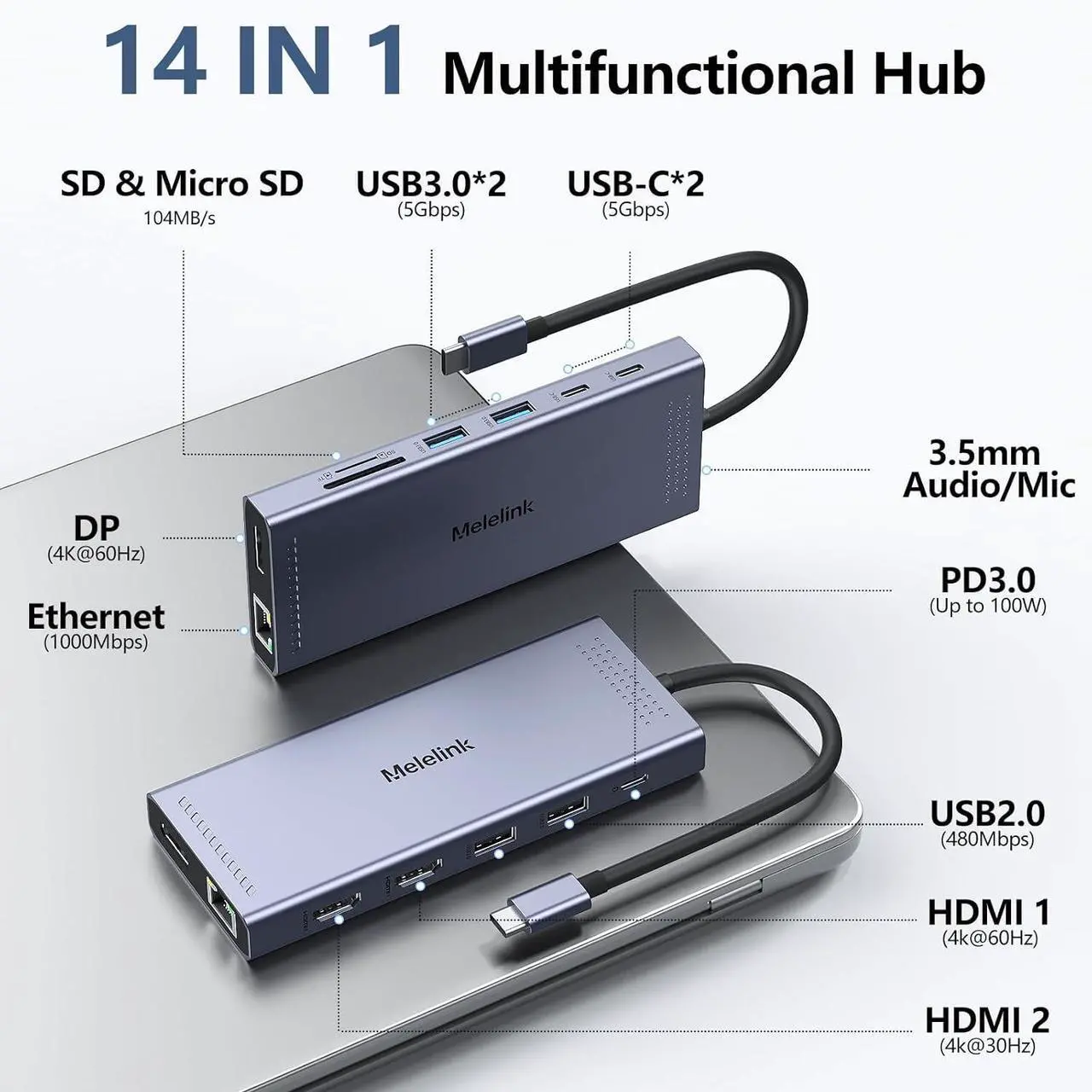 Alt view image 2 of 7 - USB C Docking Station Dual Monitor, 14 in 1 Triple Display USB C Hub Multiport Adapter with 2 HDMI 4K,DisplayPort,PD Charging,Ethernet,6 USB C&A Ports,SD/TF, Laptop Docking Station for /HP/Lenovo