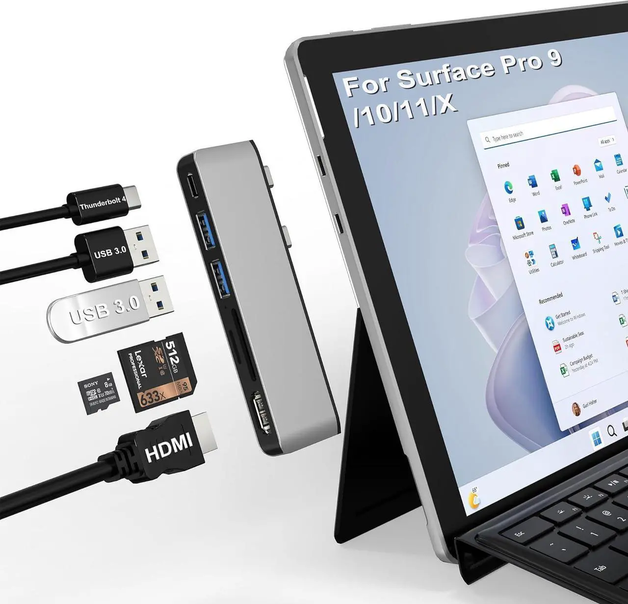 Main image of Surface USB Hub Docking Station - 4K HDMI, USB-C Thunderbolt 4 (8K Video+Data+100W PD), USB 3.0 x2, SD TF Card Slot, for Surface Pro 11/10/9/X