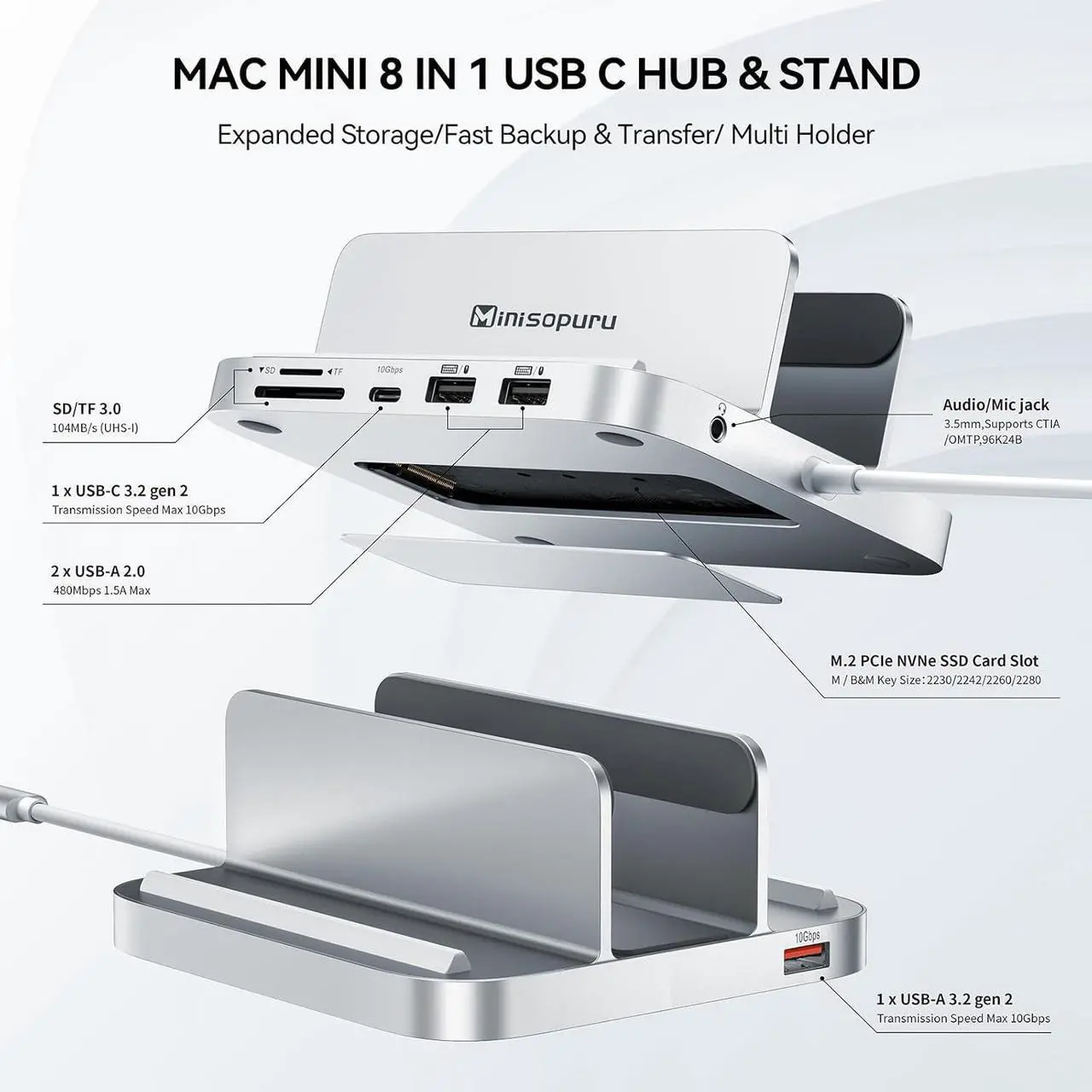 Alt view image 3 of 7 - Minisopuru Mac Mini Dock & Stand with M.2 NVMe SSD Enclosure, Upgrade 8 in 1 Mac Mini hub Support 10Gbps USB C/A, TF& SD, Audio Jack, Mac Mini Accessories for Mac Mini M2/M1 (Not for Mac Mini M4)