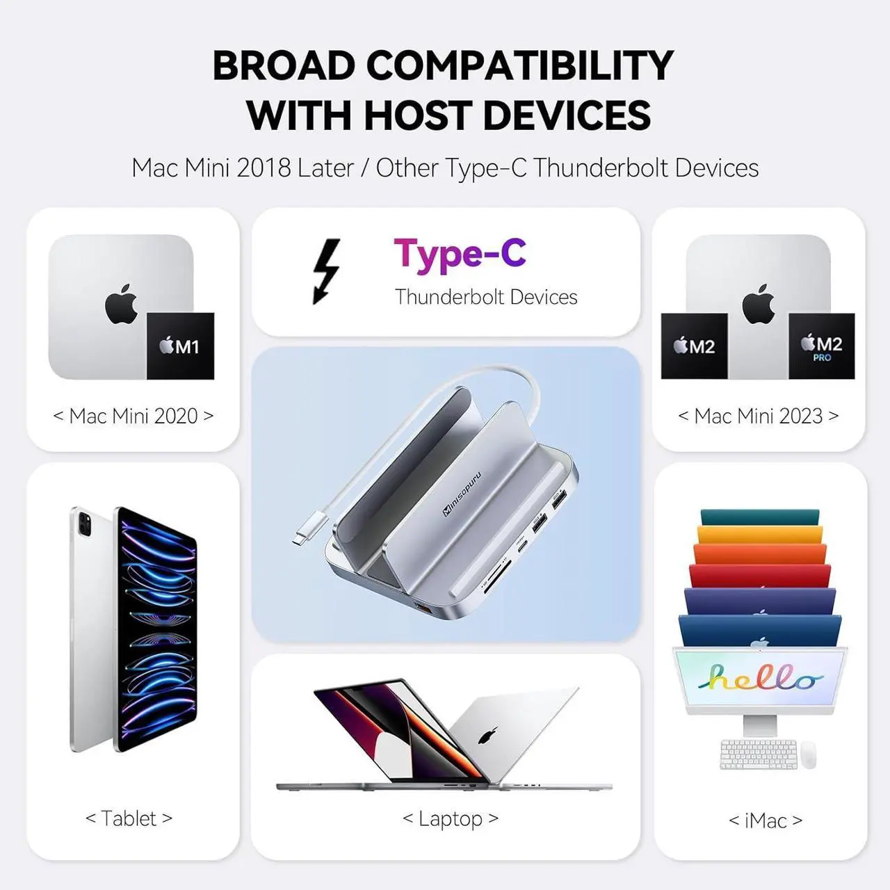 Alt view image 6 of 7 - Minisopuru Mac Mini Dock & Stand with M.2 NVMe SSD Enclosure, Upgrade 8 in 1 Mac Mini hub Support 10Gbps USB C/A, TF& SD, Audio Jack, Mac Mini Accessories for Mac Mini M2/M1 (Not for Mac Mini M4)