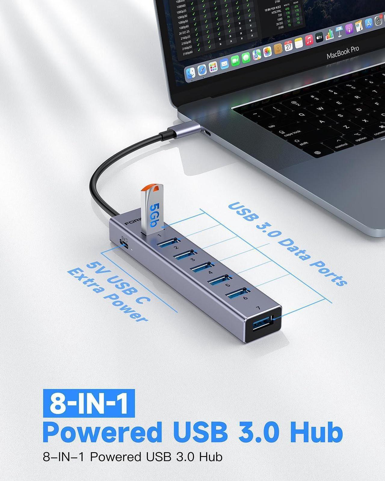 Alt view image 2 of 7 - USB C to USB Hub, 8 Ports USB 3.0 Adapter with 7 USB 3.0 Data Ports,USB Splitter with USB C 5V/3A Power Port, 7.9IN/20CM Main Cable USB HUB, USB Extension for Laptop and PC