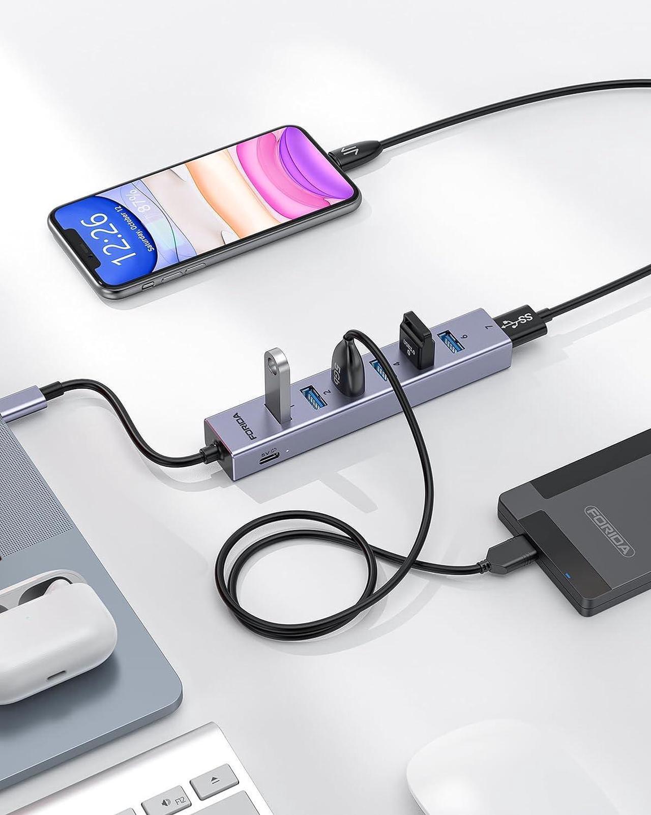 Alt view image 7 of 7 - USB C to USB Hub, 8 Ports USB 3.0 Adapter with 7 USB 3.0 Data Ports,USB Splitter with USB C 5V/3A Power Port, 7.9IN/20CM Main Cable USB HUB, USB Extension for Laptop and PC