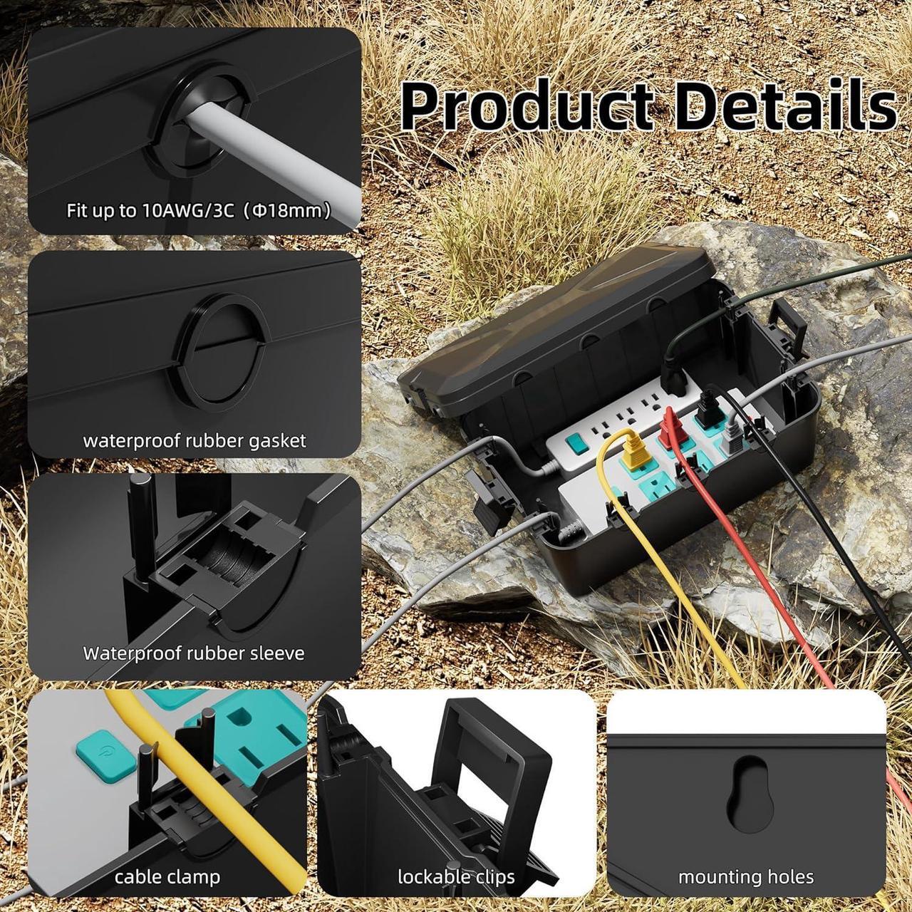 Alt view image 4 of 6 - Joinfworld Large Outdoor Electrical Box 13x8x5 Outdoor Extension Cord Cover Waterproof Weatherproof Connection Box Black Outside Power Cord Protector Enclosure for Cable Wire Power Strip Outlet Plug