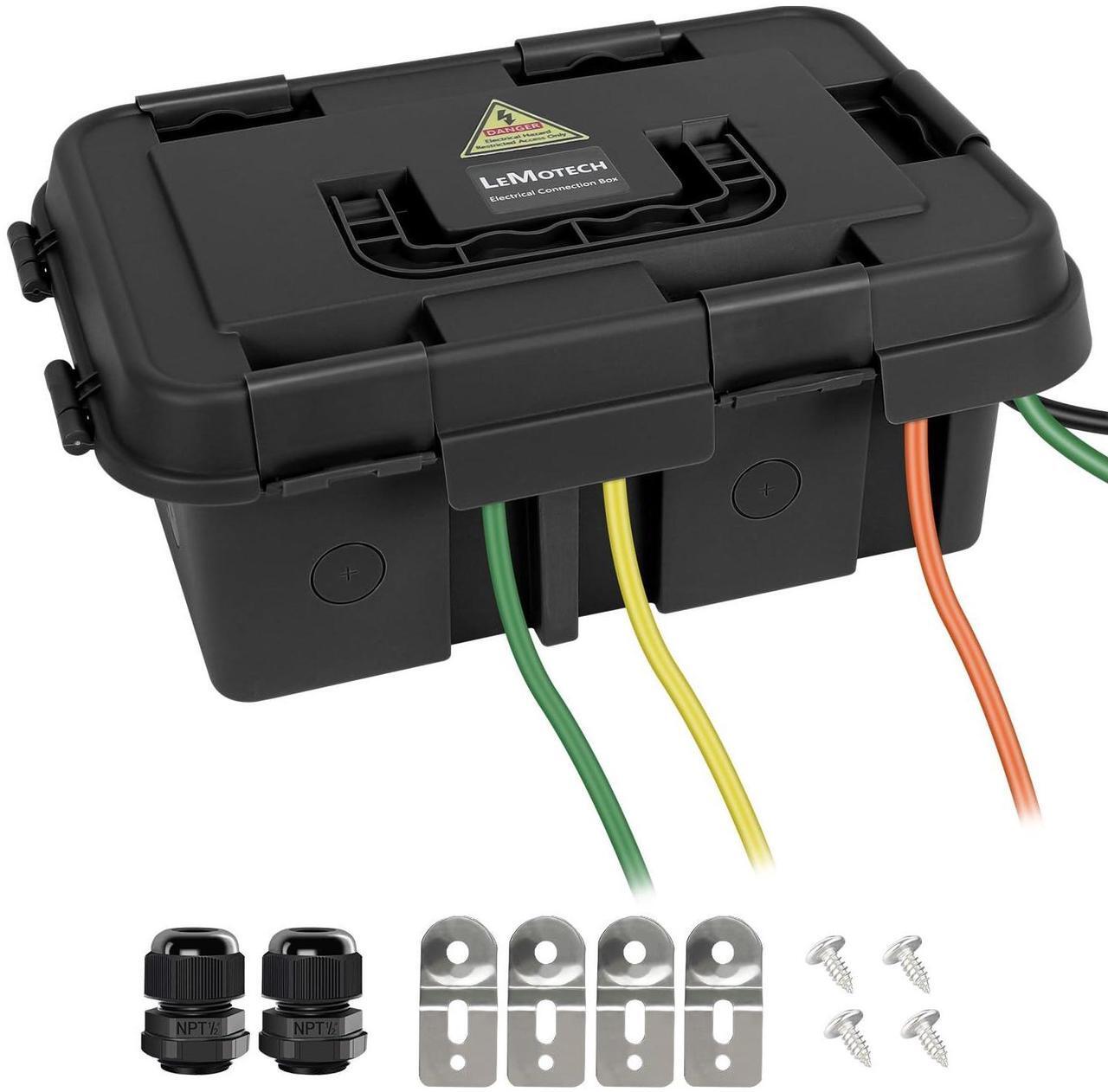 Main image of LeMotech Outdoor Electrical Box, Large IP55 Waterproof Connection Box with Handle, Extension Cord Cover w/8 Cable Seal Entry,for Outlet,Pool Pump,Timer,Power Strips,Holiday Light Decoration, Black