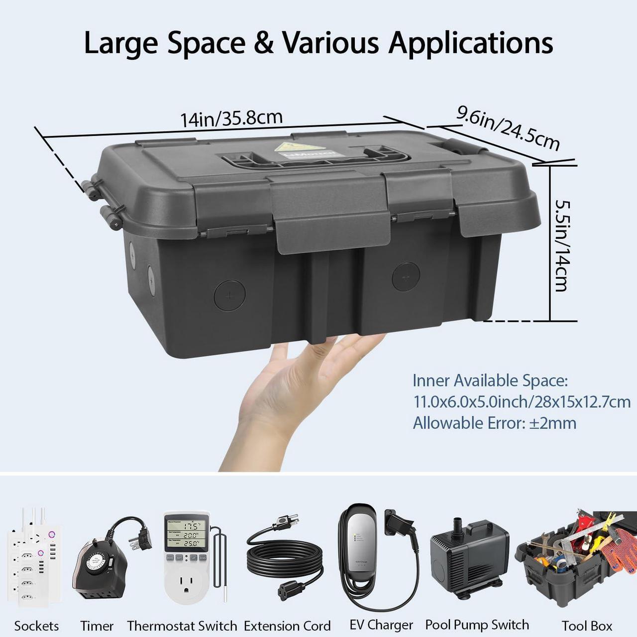 Alt view image 2 of 7 - LeMotech Outdoor Electrical Box, Large IP55 Waterproof Connection Box with Handle, Extension Cord Cover w/8 Cable Seal Entry,for Outlet,Pool Pump,Timer,Power Strips,Holiday Light Decoration, Black